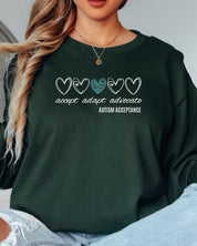 Accept Adapt Advocate Love Hearts Long Sleeve T-Shirt-Neurodiversity, ADHD & Autism Awareness & Acceptance Long-sleeve by Daily Bloom