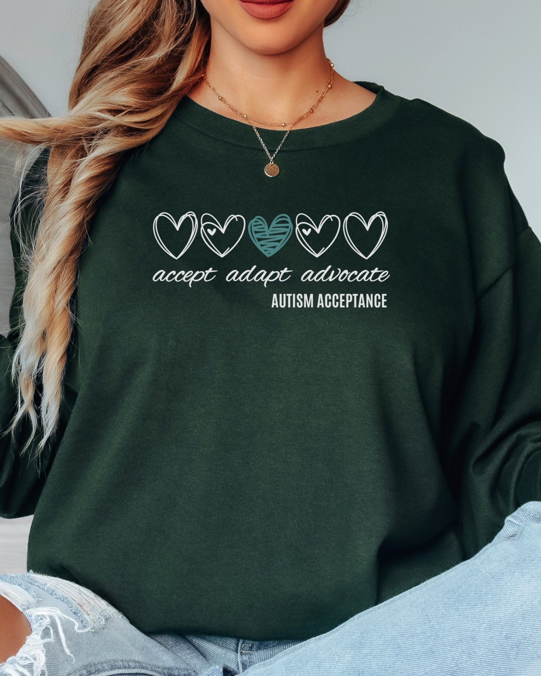 Accept Adapt Advocate Love Hearts Long Sleeve T-Shirt-Neurodiversity, ADHD & Autism Awareness & Acceptance Long-sleeve by Daily Bloom