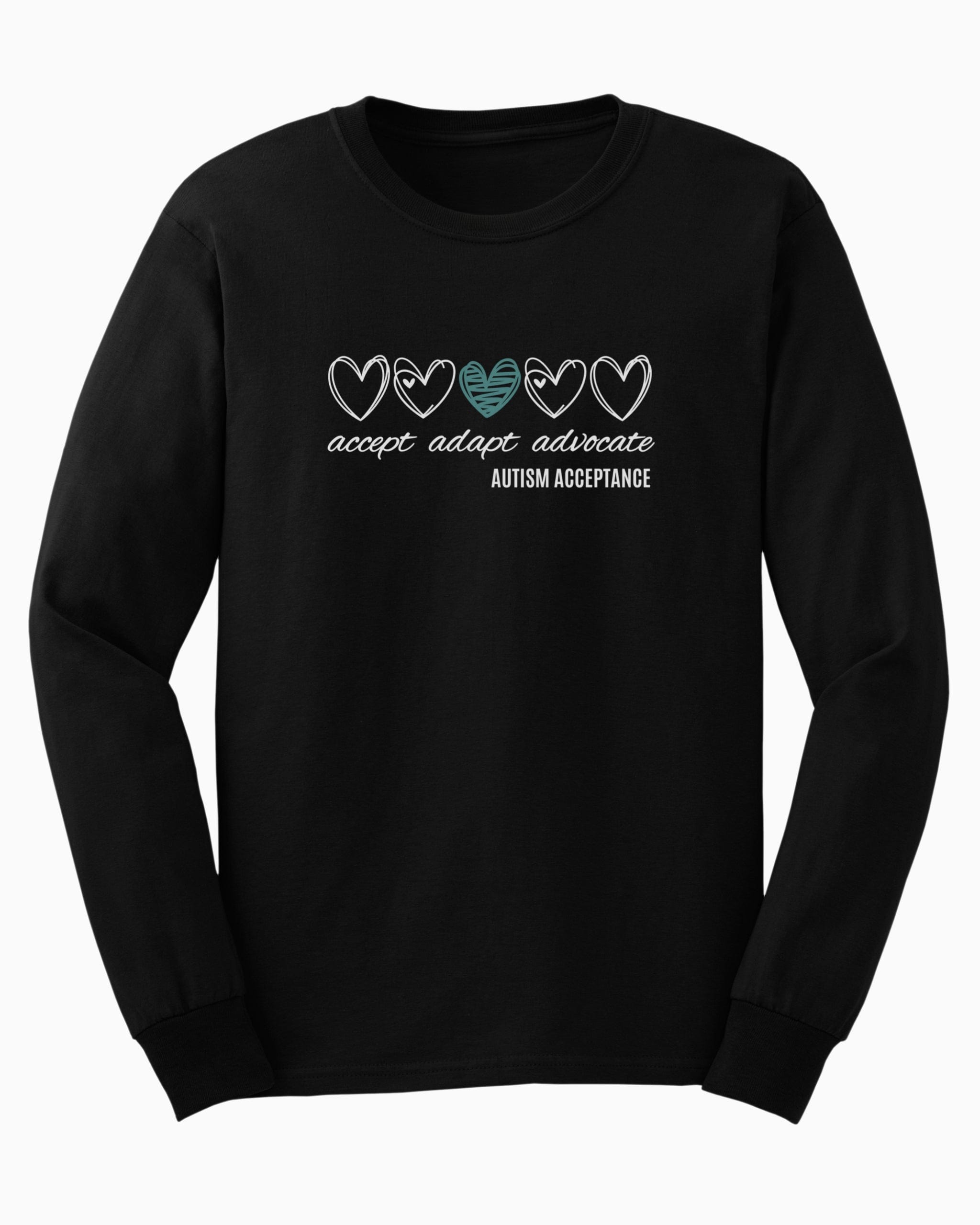 Accept Adapt Advocate Love Hearts Long Sleeve T-Shirt-Black-Neurodiversity, ADHD & Autism Awareness & Acceptance Long-sleeve by Daily Bloom