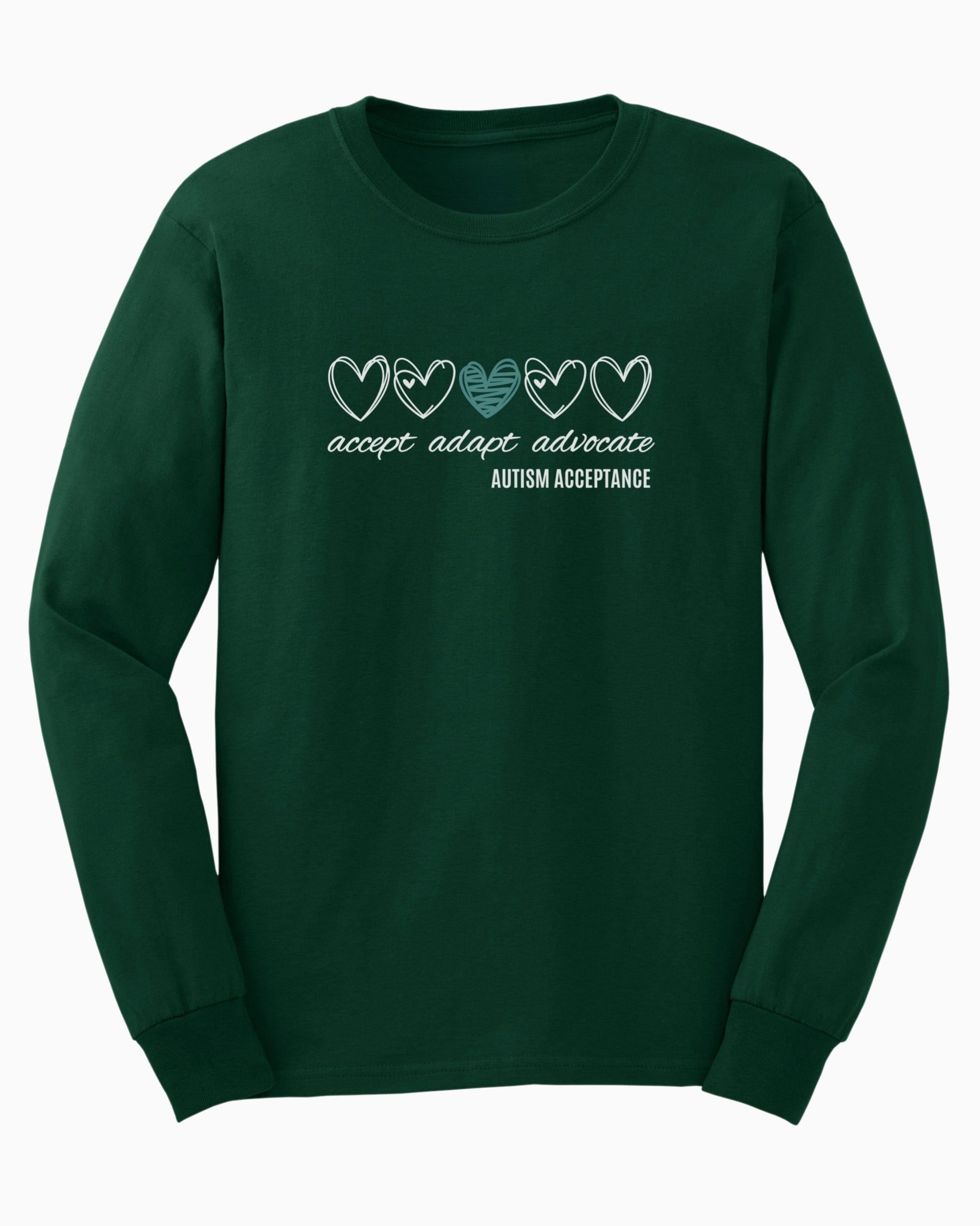 Accept Adapt Advocate Love Hearts Long Sleeve T-Shirt-Forest Green-Neurodiversity, ADHD & Autism Awareness & Acceptance Long-sleeve by Daily Bloom