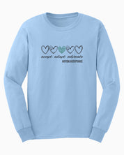 Accept Adapt Advocate Love Hearts Long Sleeve T-Shirt-Light Blue-Neurodiversity, ADHD & Autism Awareness & Acceptance Long-sleeve by Daily Bloom