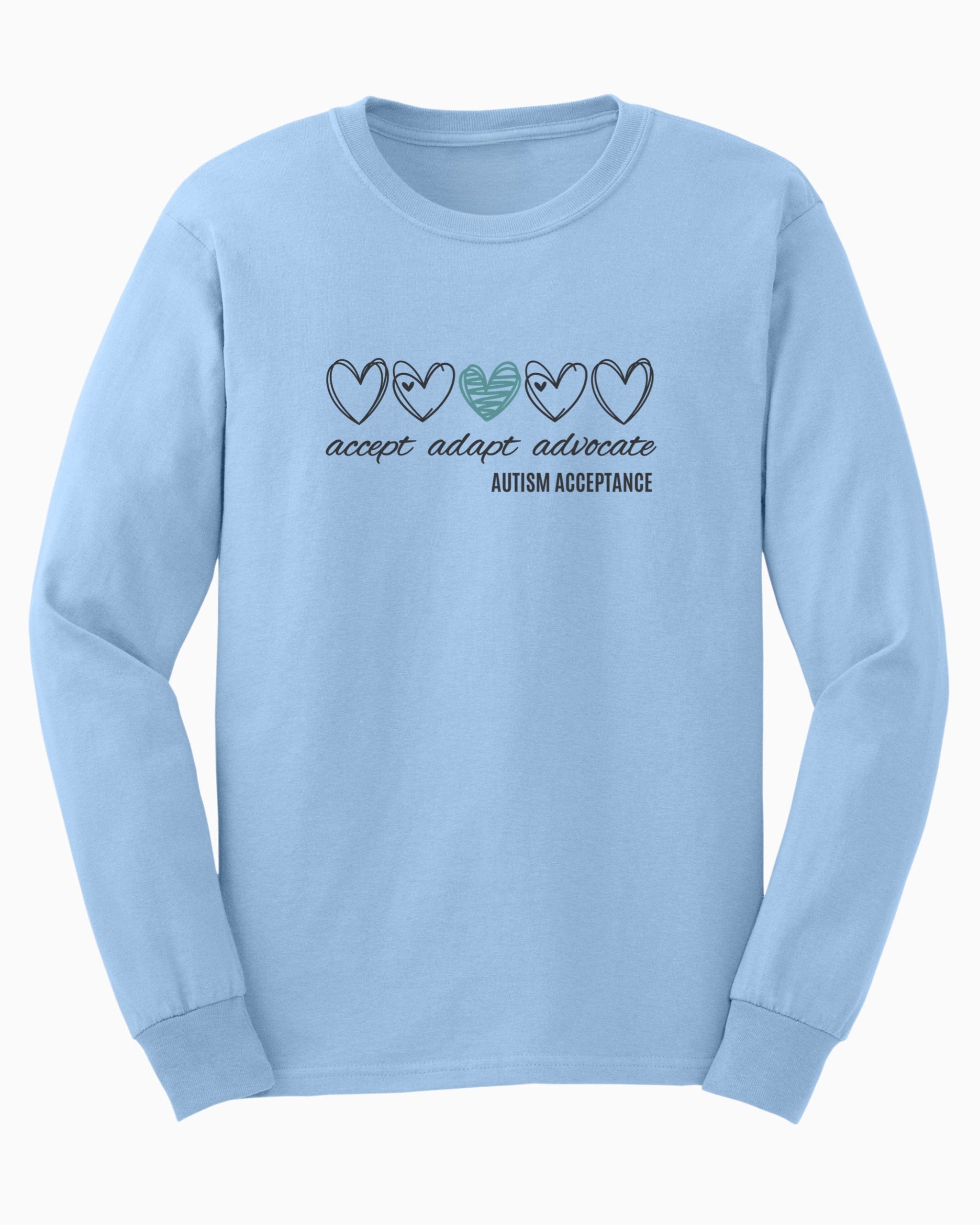 Accept Adapt Advocate Love Hearts Long Sleeve T-Shirt-Light Blue-Neurodiversity, ADHD & Autism Awareness & Acceptance Long-sleeve by Daily Bloom