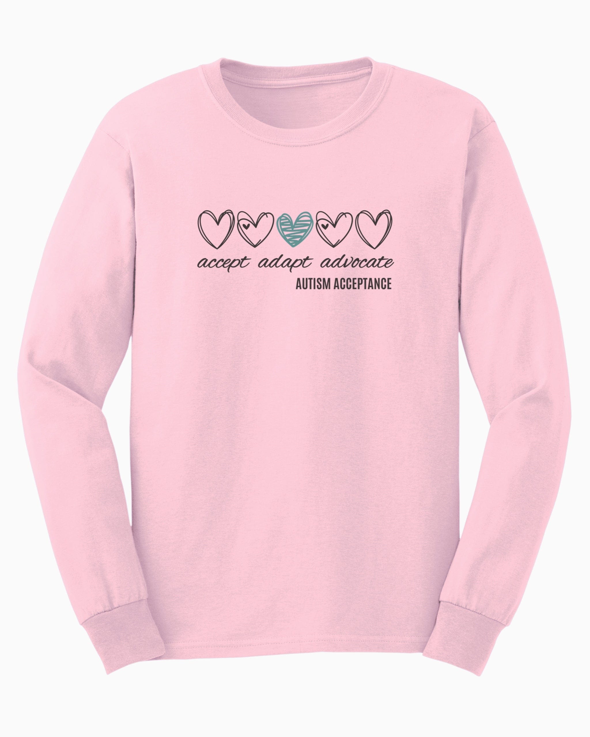 Accept Adapt Advocate Love Hearts Long Sleeve T-Shirt-Light Pink-Neurodiversity, ADHD & Autism Awareness & Acceptance Long-sleeve by Daily Bloom