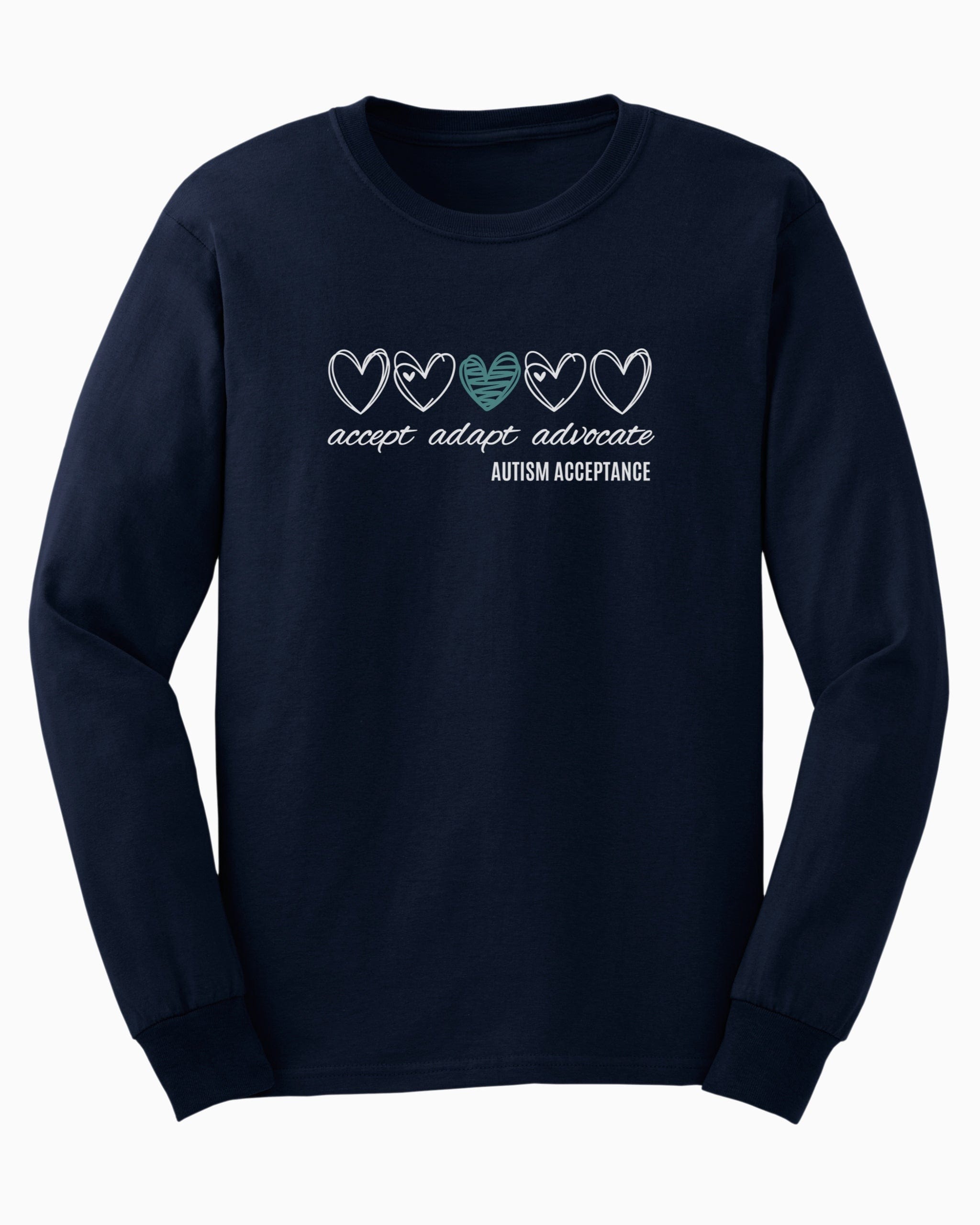 Accept Adapt Advocate Love Hearts Long Sleeve T-Shirt-Navy-Neurodiversity, ADHD & Autism Awareness & Acceptance Long-sleeve by Daily Bloom
