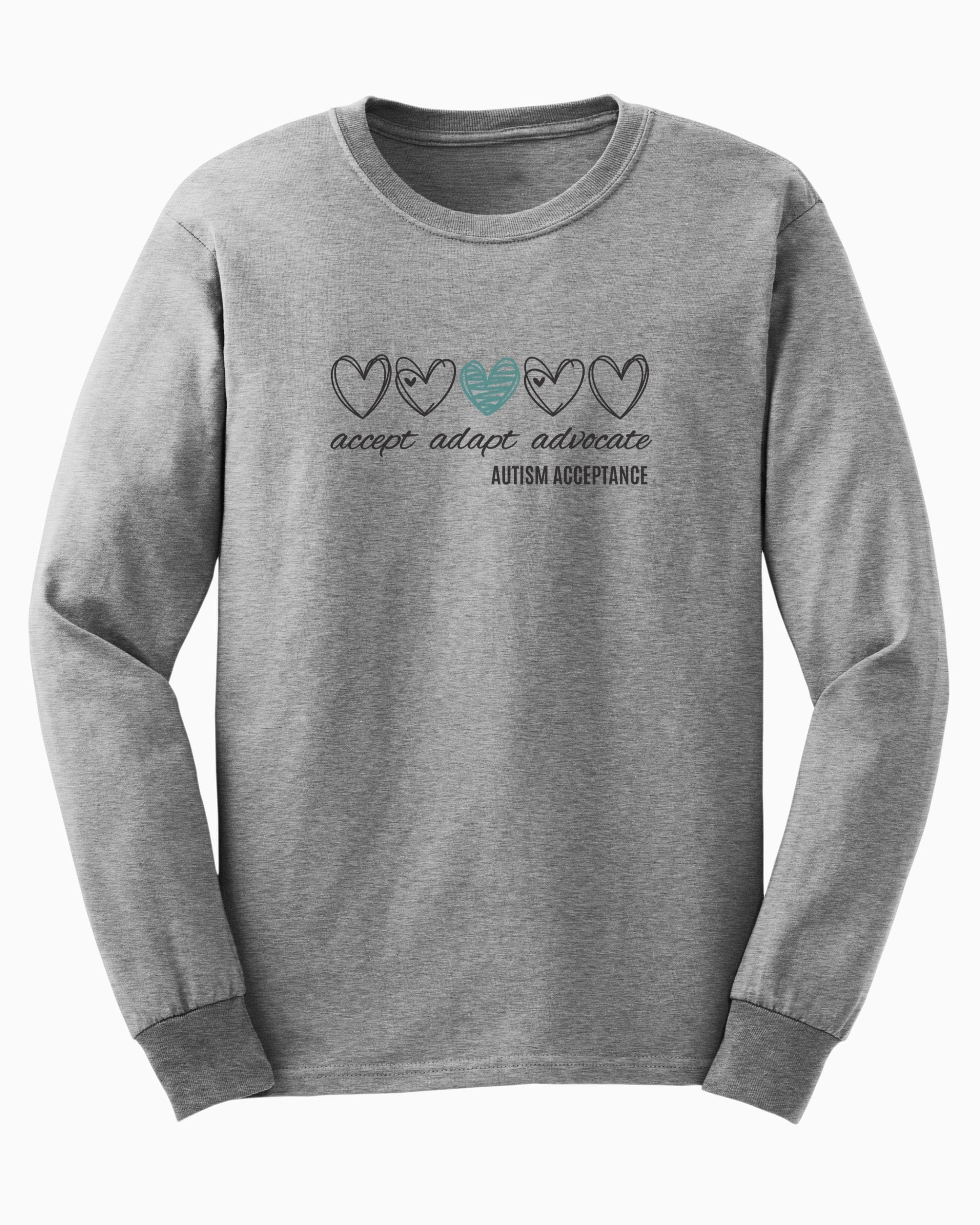 Accept Adapt Advocate Love Hearts Long Sleeve T-Shirt-Sport Grey-Neurodiversity, ADHD & Autism Awareness & Acceptance Long-sleeve by Daily Bloom
