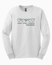Accept Adapt Advocate Love Hearts Long Sleeve T-Shirt-White-Neurodiversity, ADHD & Autism Awareness & Acceptance Long-sleeve by Daily Bloom