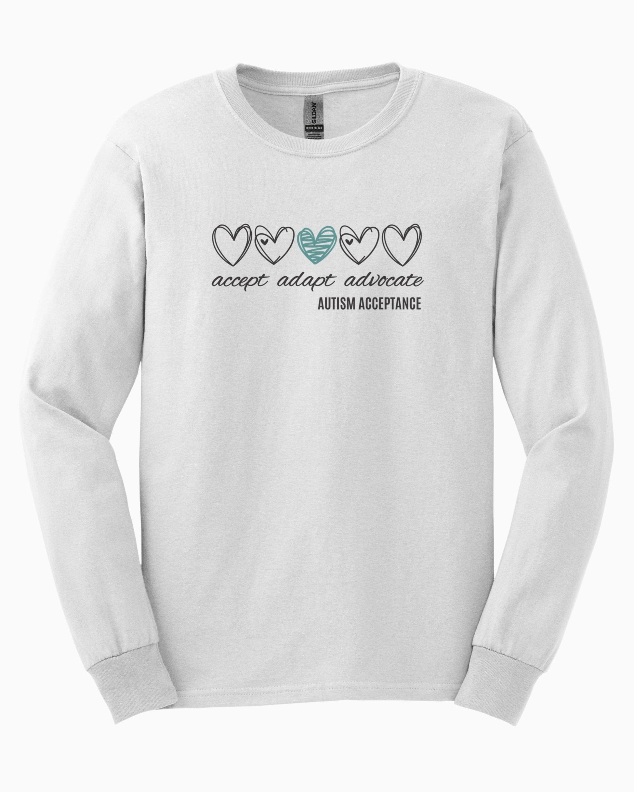 Accept Adapt Advocate Love Hearts Long Sleeve T-Shirt-White-Neurodiversity, ADHD & Autism Awareness & Acceptance Long-sleeve by Daily Bloom
