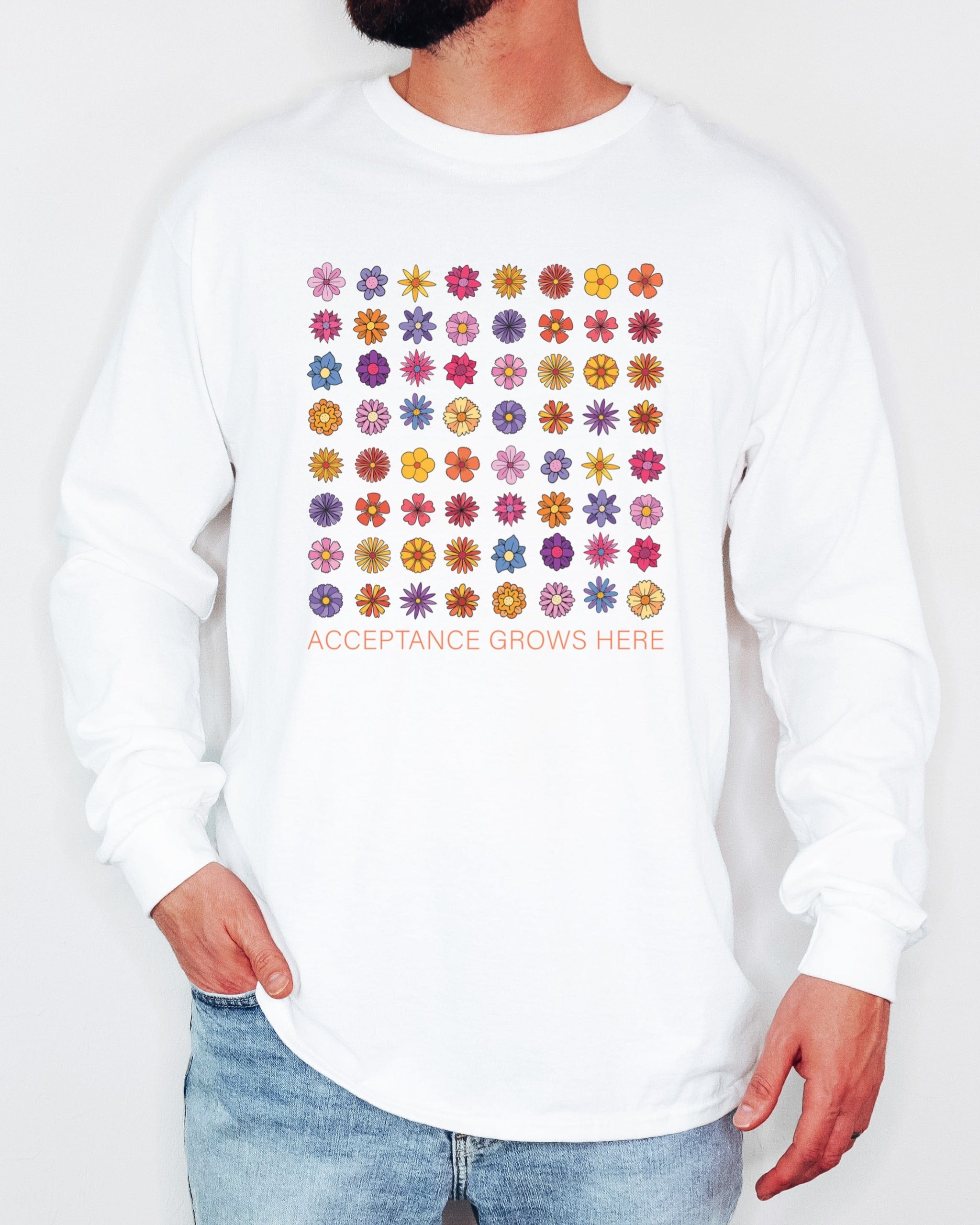 Acceptance Grows Here Flowers Long Sleeve T-Shirt-Neurodiversity, ADHD & Autism Awareness & Acceptance Long-sleeve by Daily Bloom