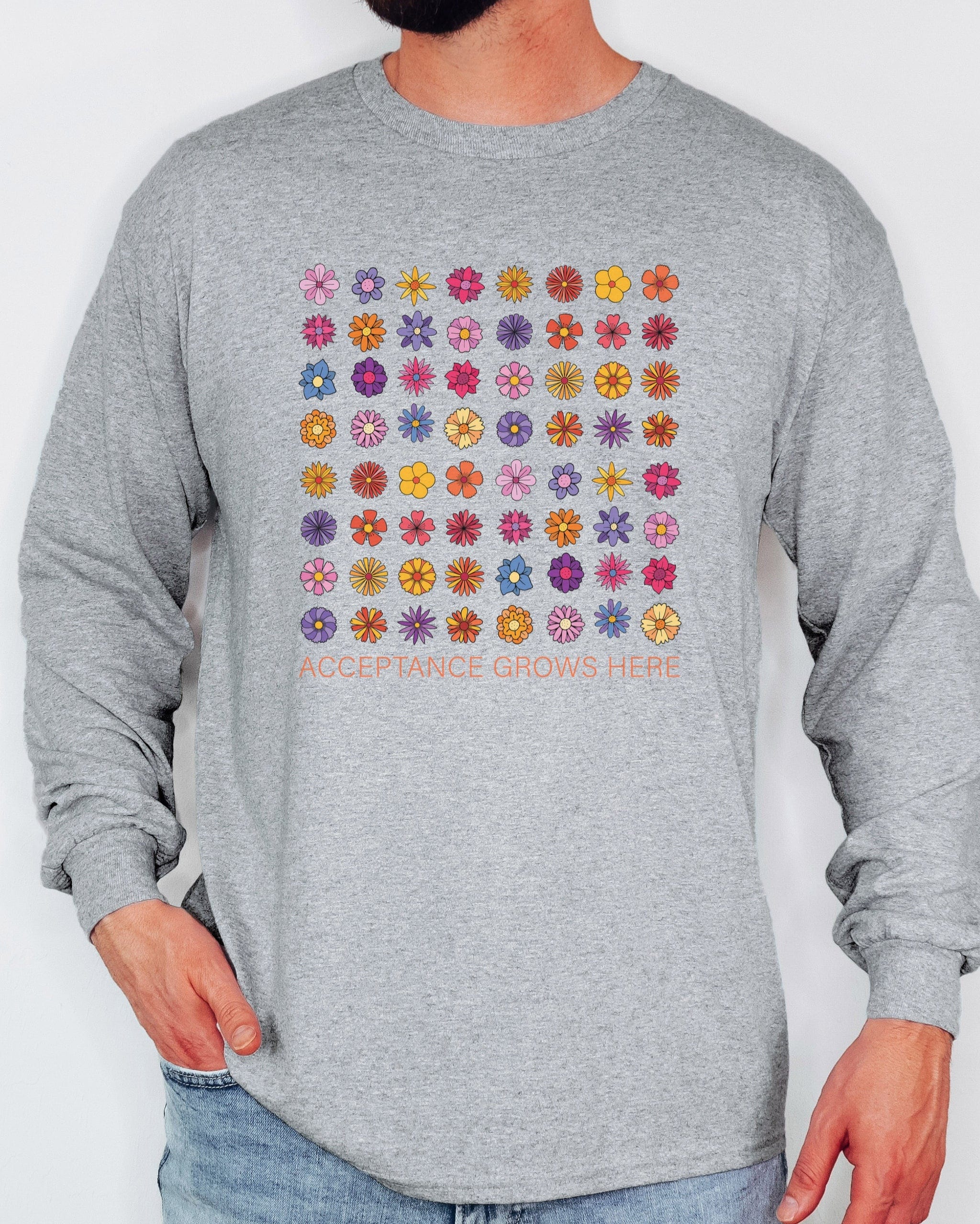 Acceptance Grows Here Flowers Long Sleeve T-Shirt-Neurodiversity, ADHD & Autism Awareness & Acceptance Long-sleeve by Daily Bloom