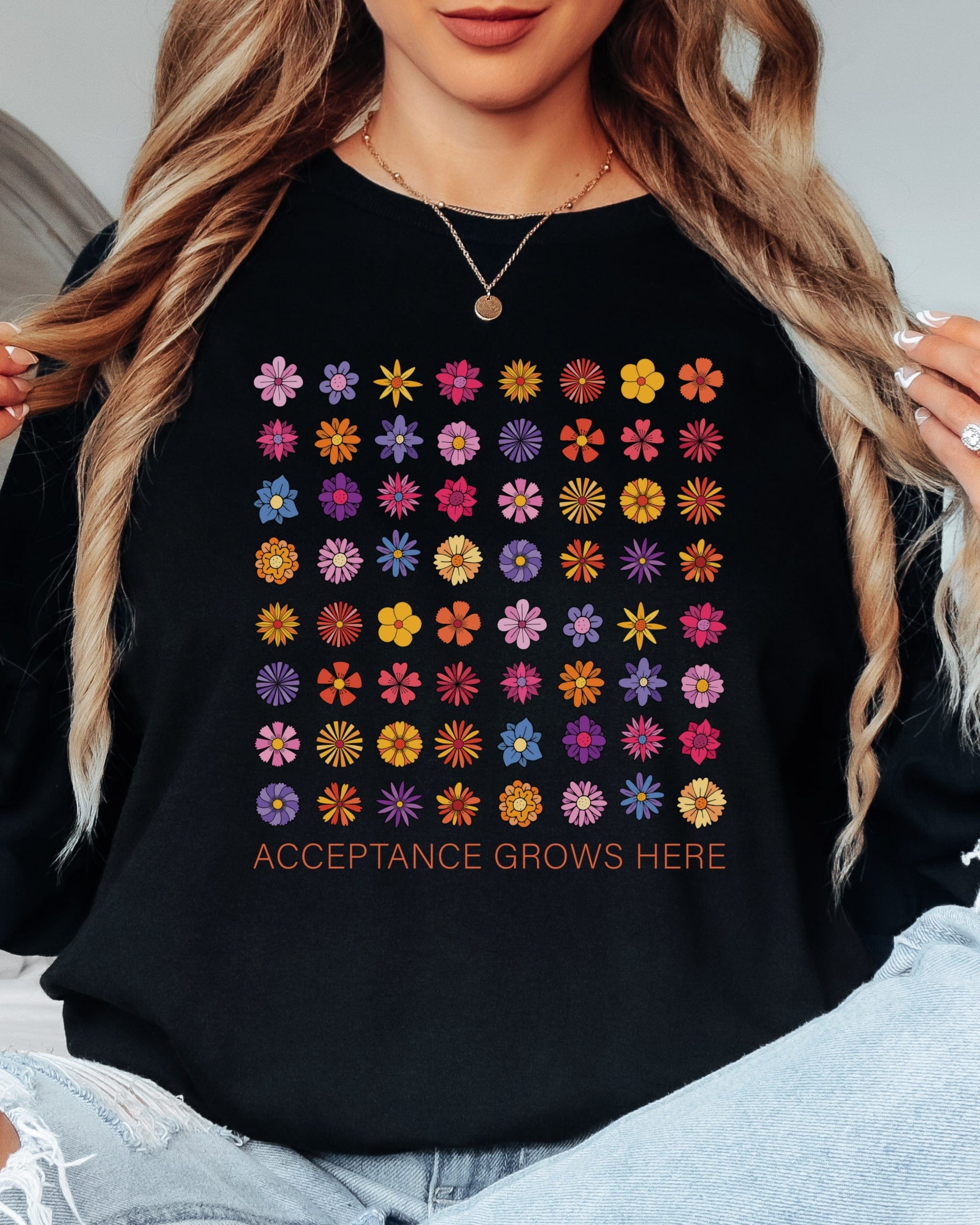 Acceptance Grows Here Flowers Long Sleeve T-Shirt-Neurodiversity, ADHD & Autism Awareness & Acceptance Long-sleeve by Daily Bloom
