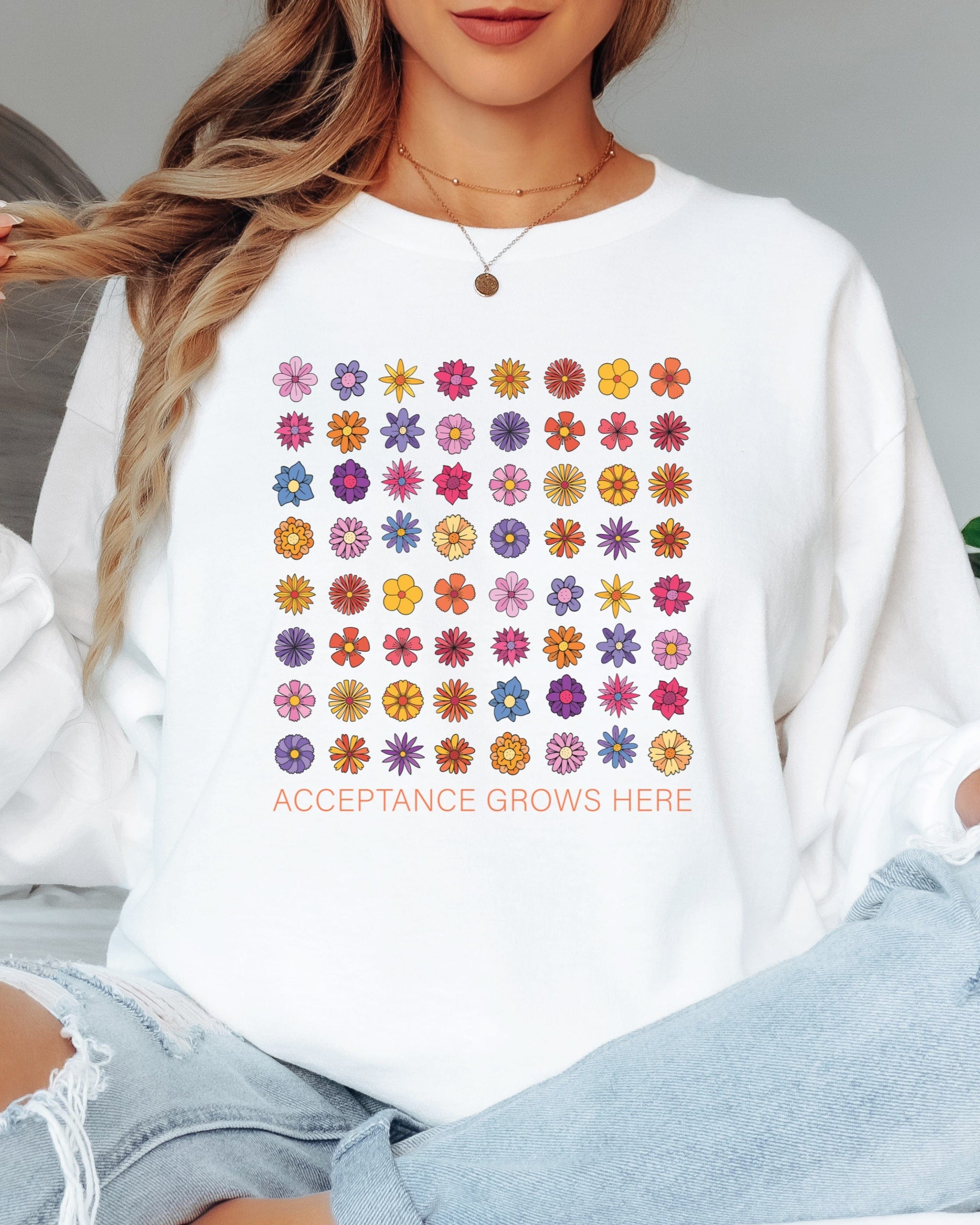 Acceptance Grows Here Flowers Long Sleeve T-Shirt-Neurodiversity, ADHD & Autism Awareness & Acceptance Long-sleeve by Daily Bloom