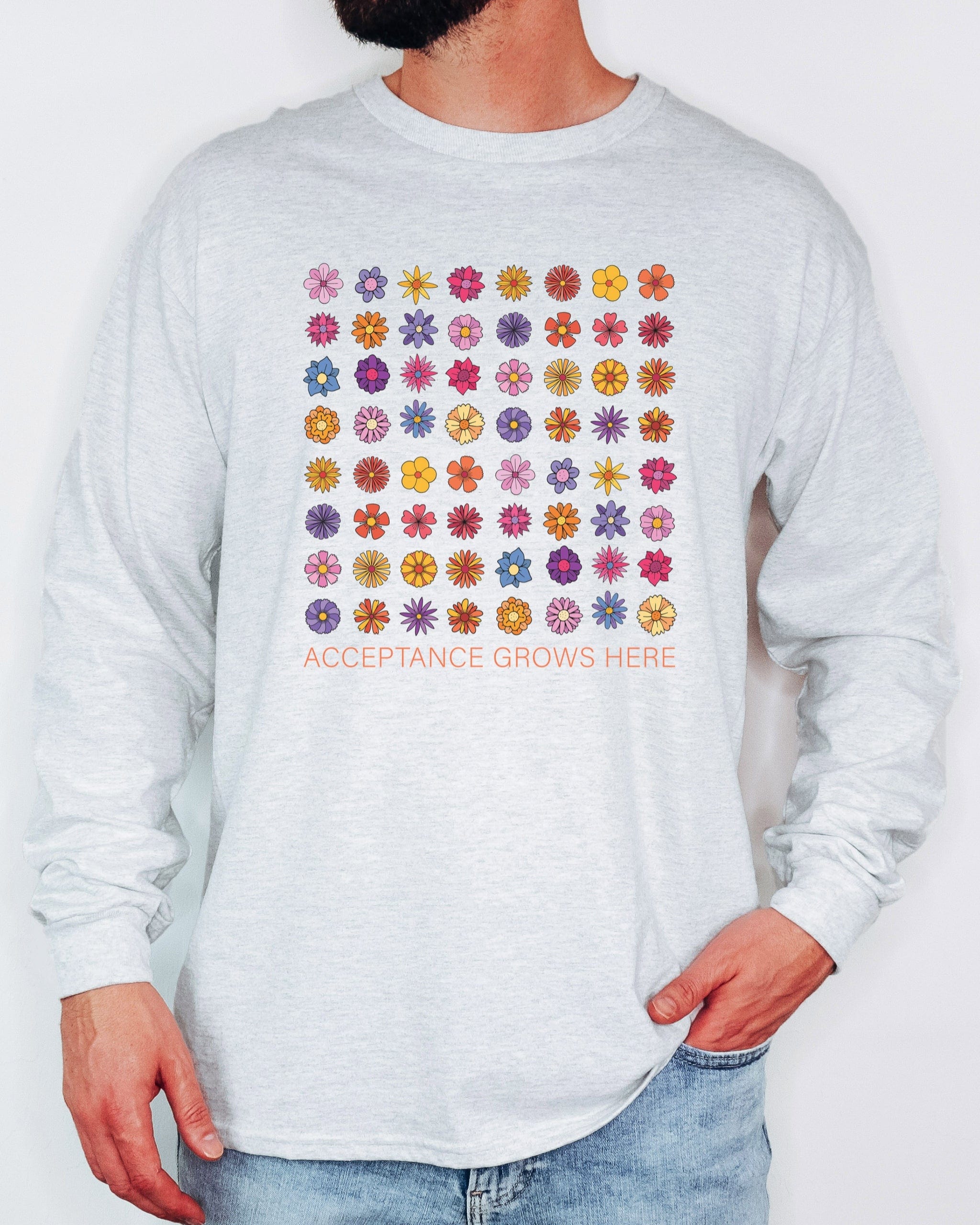 Acceptance Grows Here Flowers Long Sleeve T-Shirt-Neurodiversity, ADHD & Autism Awareness & Acceptance Long-sleeve by Daily Bloom