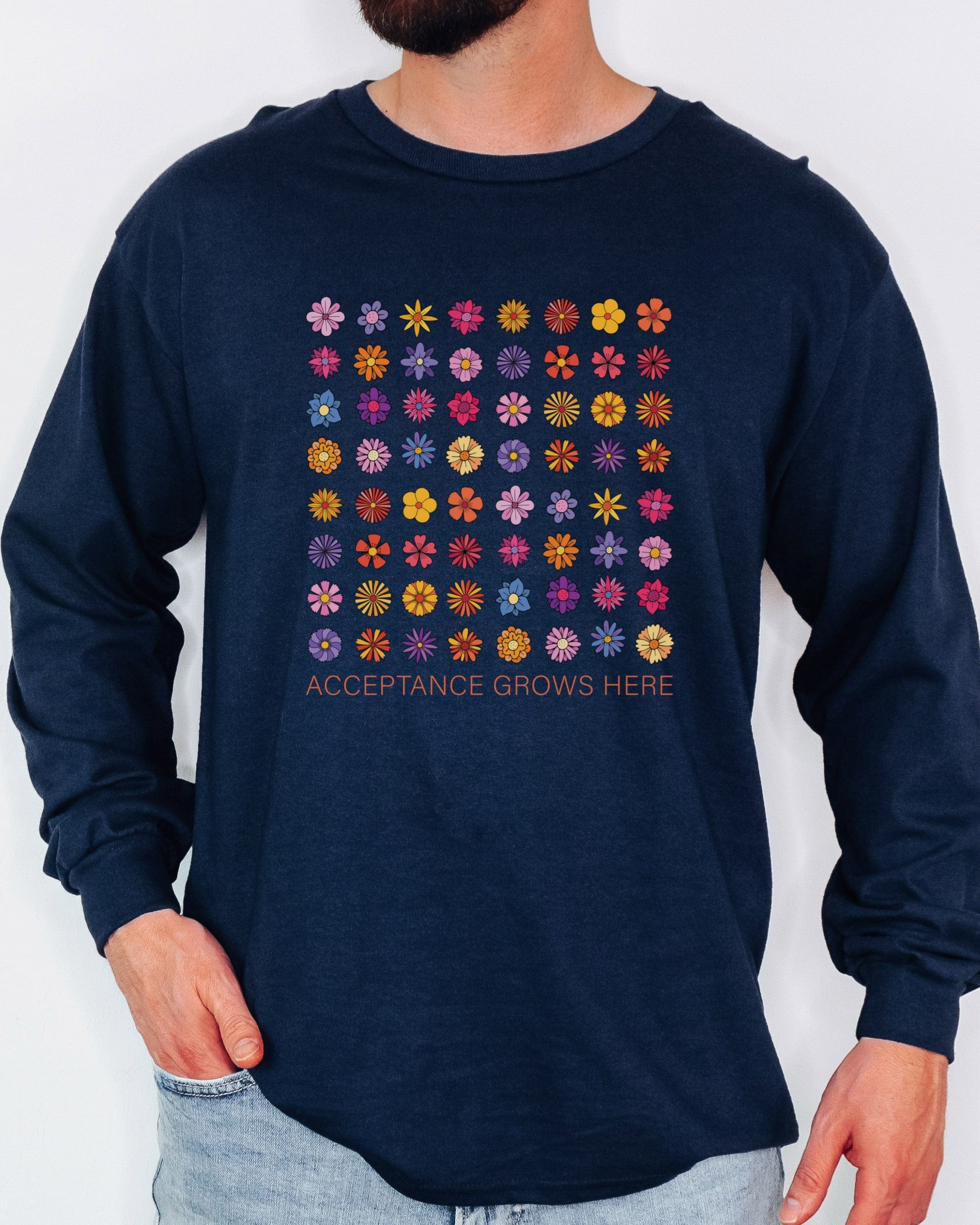 Acceptance Grows Here Flowers Long Sleeve T-Shirt-Neurodiversity, ADHD & Autism Awareness & Acceptance Long-sleeve by Daily Bloom