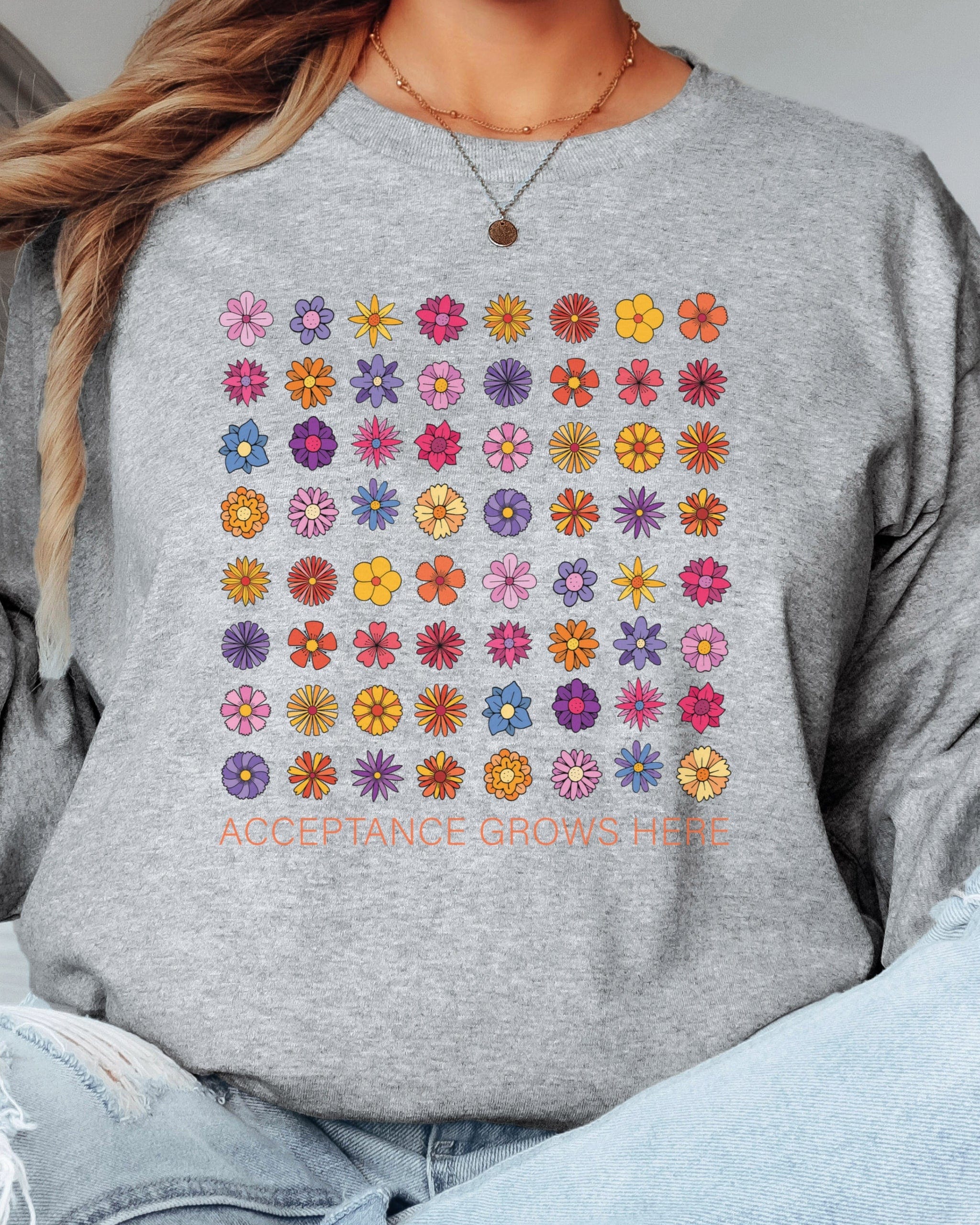 Acceptance Grows Here Flowers Long Sleeve T-Shirt-Neurodiversity, ADHD & Autism Awareness & Acceptance Long-sleeve by Daily Bloom