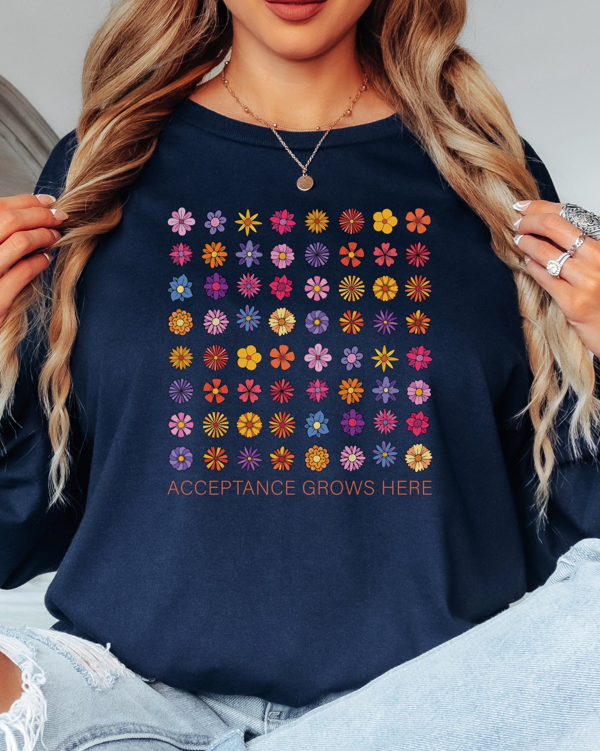 Acceptance Grows Here Flowers Long Sleeve T-Shirt-Neurodiversity, ADHD & Autism Awareness & Acceptance Long-sleeve by Daily Bloom