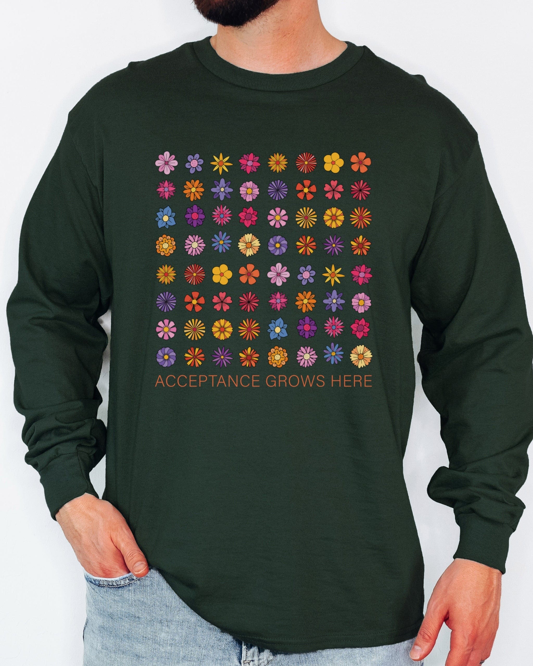 Acceptance Grows Here Flowers Long Sleeve T-Shirt-Neurodiversity, ADHD & Autism Awareness & Acceptance Long-sleeve by Daily Bloom