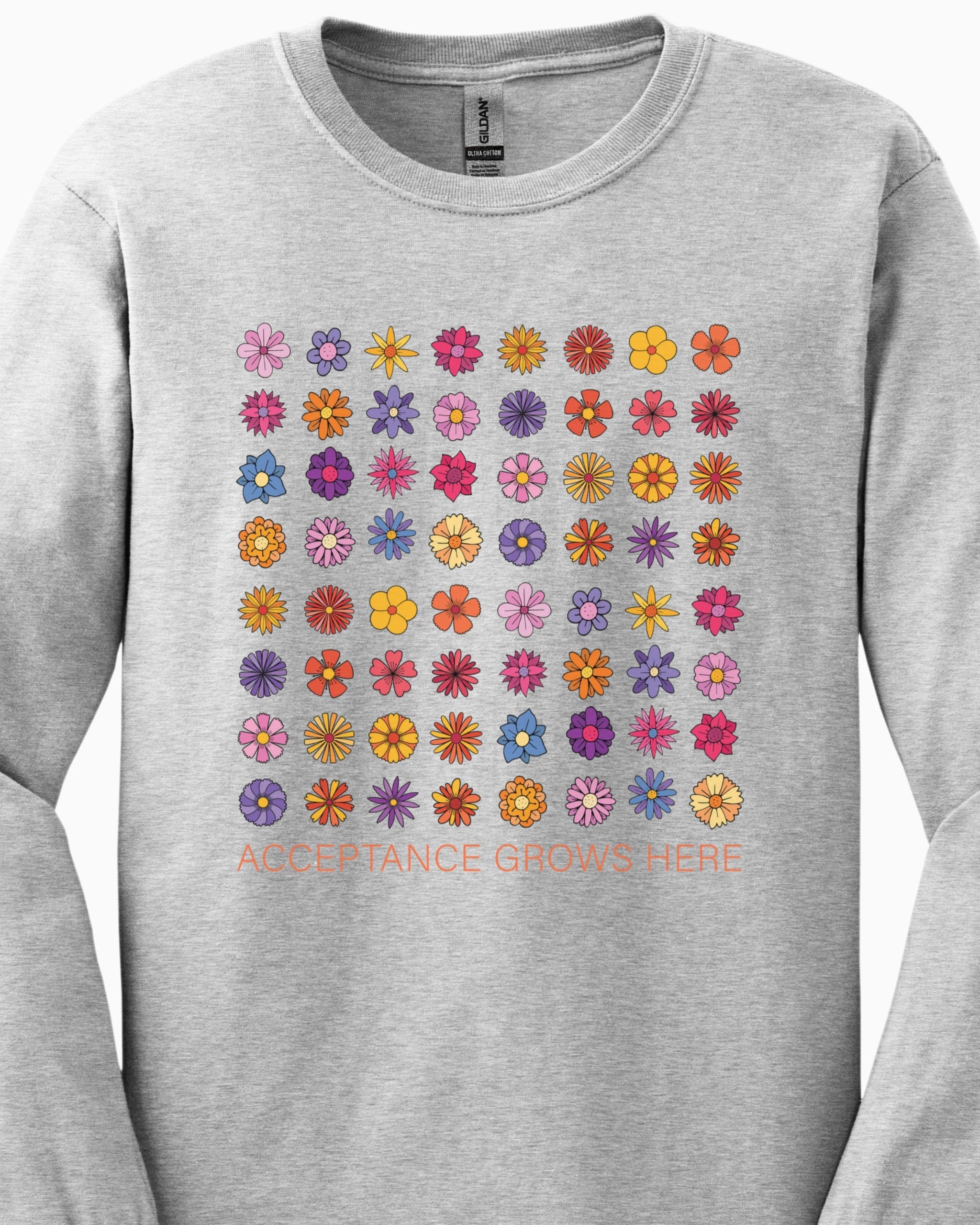 Acceptance Grows Here Flowers Long Sleeve T-Shirt-Neurodiversity, ADHD & Autism Awareness & Acceptance Long-sleeve by Daily Bloom