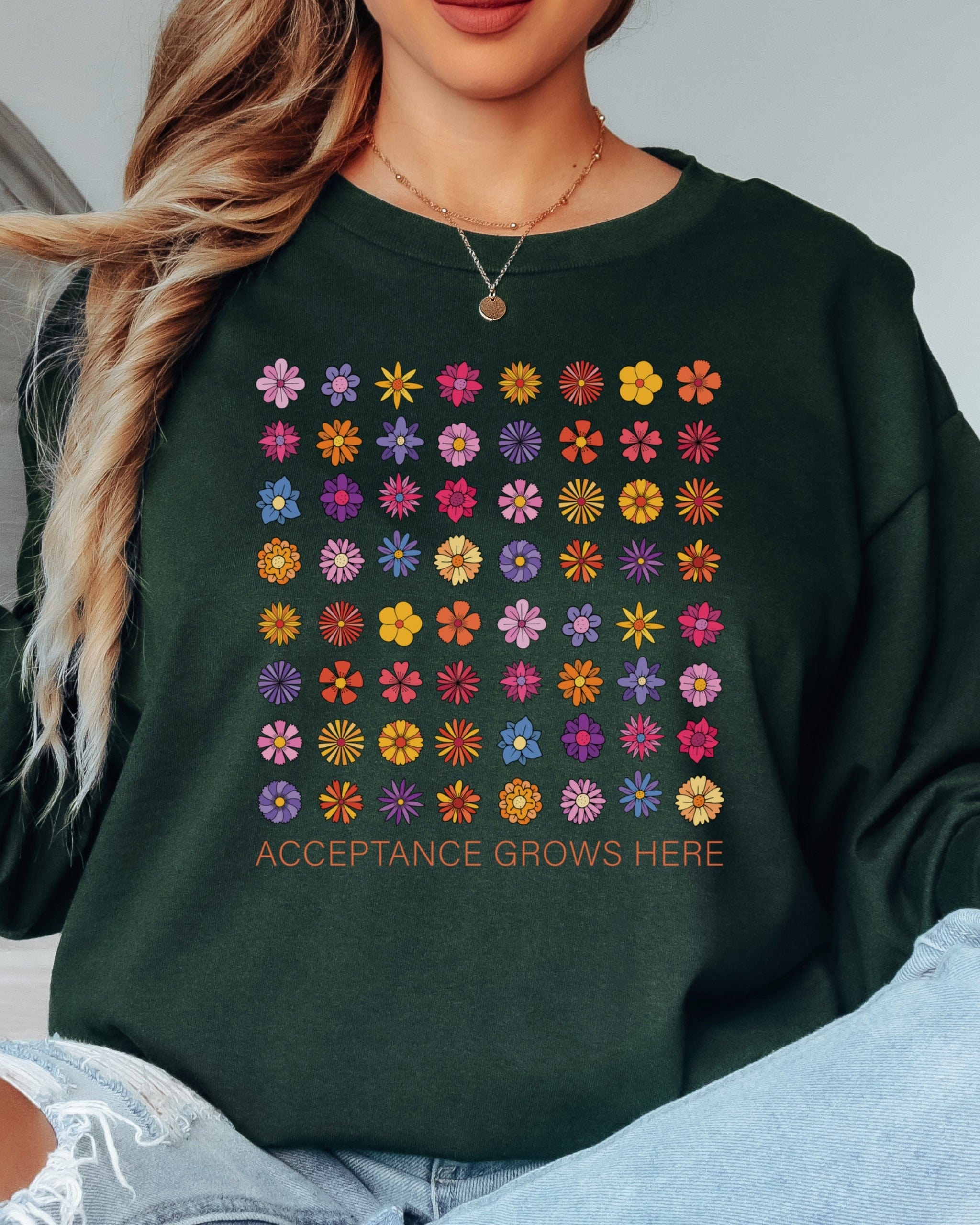 Acceptance Grows Here Flowers Long Sleeve T-Shirt-Neurodiversity, ADHD & Autism Awareness & Acceptance Long-sleeve by Daily Bloom