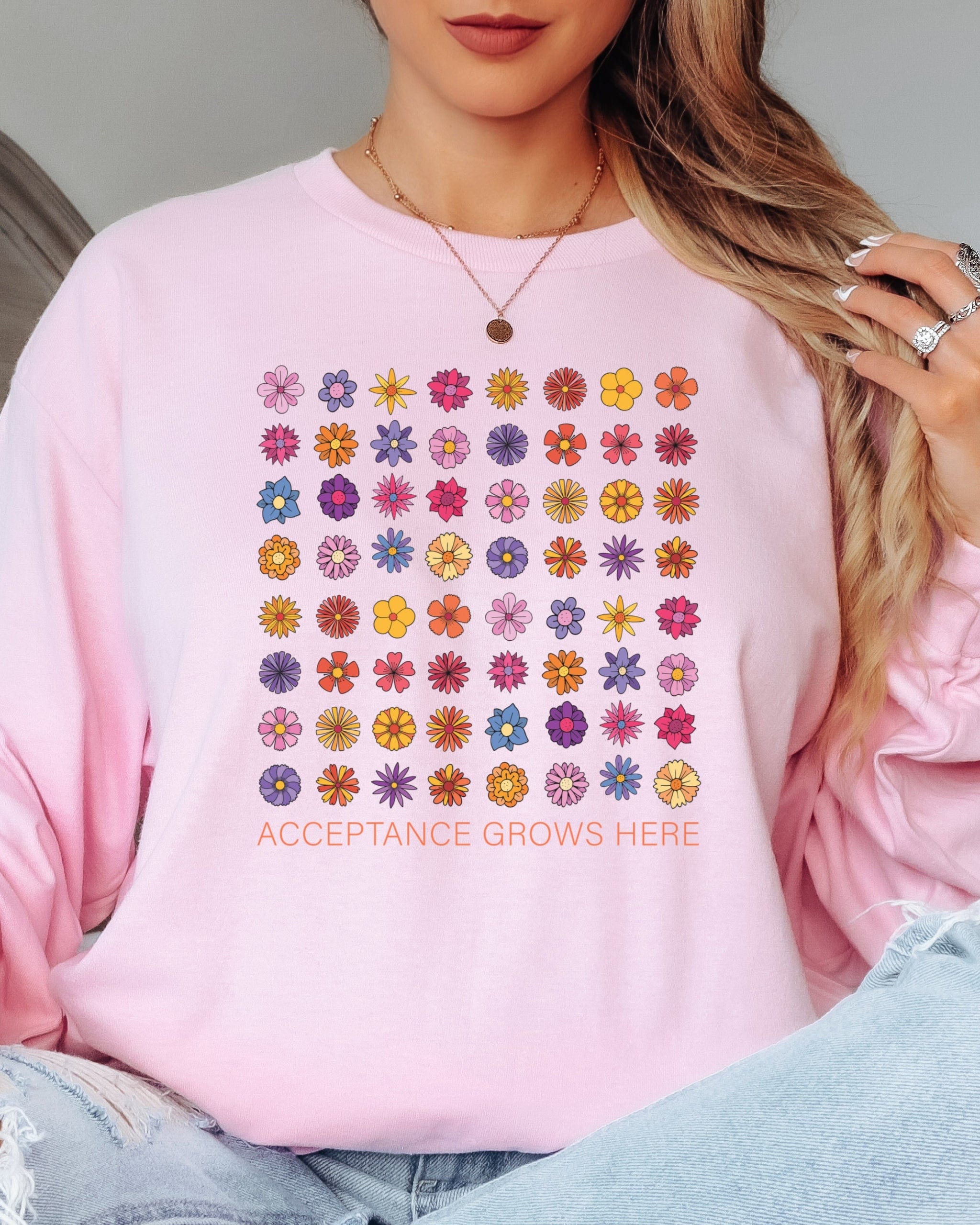 Acceptance Grows Here Flowers Long Sleeve T-Shirt-Neurodiversity, ADHD & Autism Awareness & Acceptance Long-sleeve by Daily Bloom