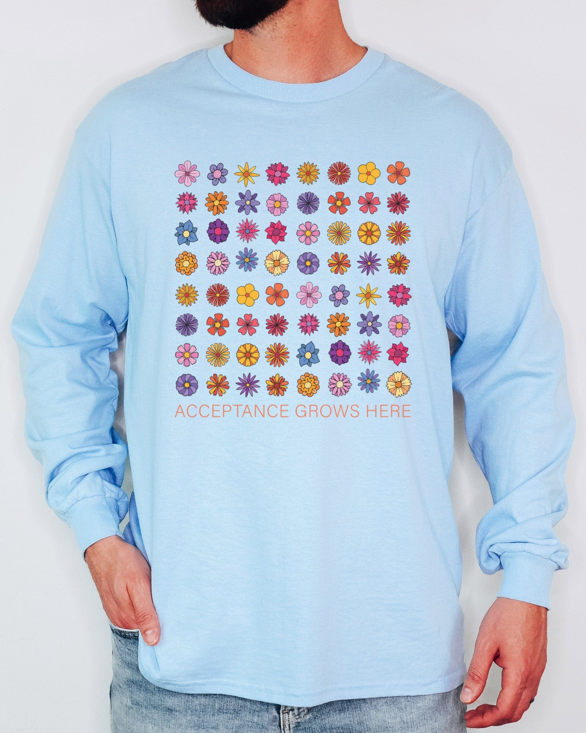 Acceptance Grows Here Flowers Long Sleeve T-Shirt-Neurodiversity, ADHD & Autism Awareness & Acceptance Long-sleeve by Daily Bloom