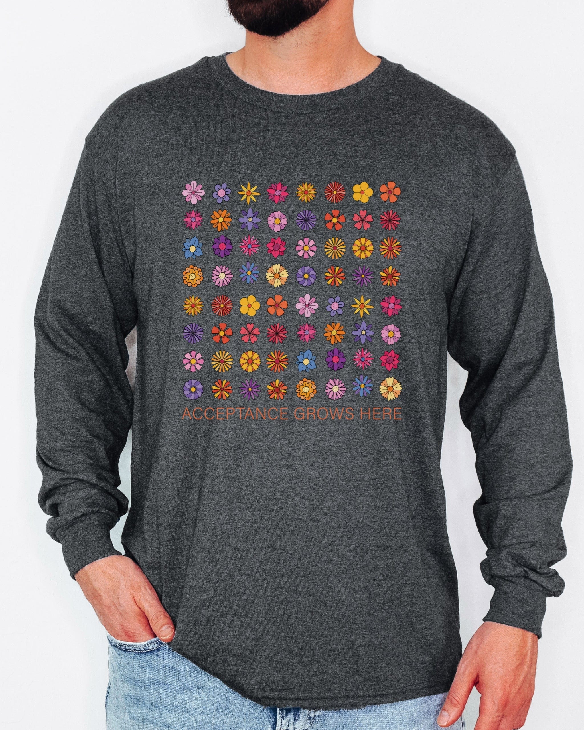 Acceptance Grows Here Flowers Long Sleeve T-Shirt-Neurodiversity, ADHD & Autism Awareness & Acceptance Long-sleeve by Daily Bloom