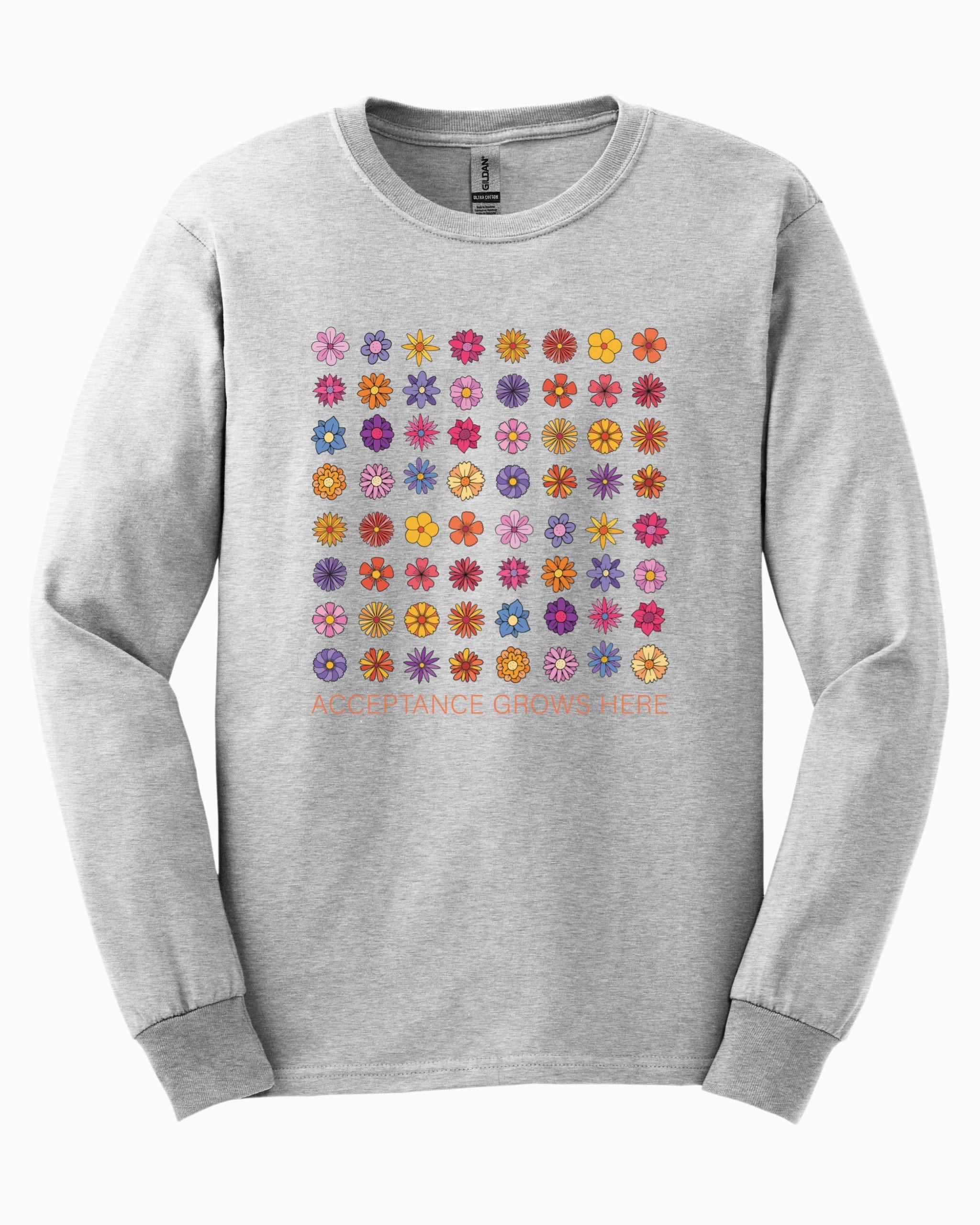 Acceptance Grows Here Flowers Long Sleeve T-Shirt-Ash-Neurodiversity, ADHD & Autism Awareness & Acceptance Long-sleeve by Daily Bloom