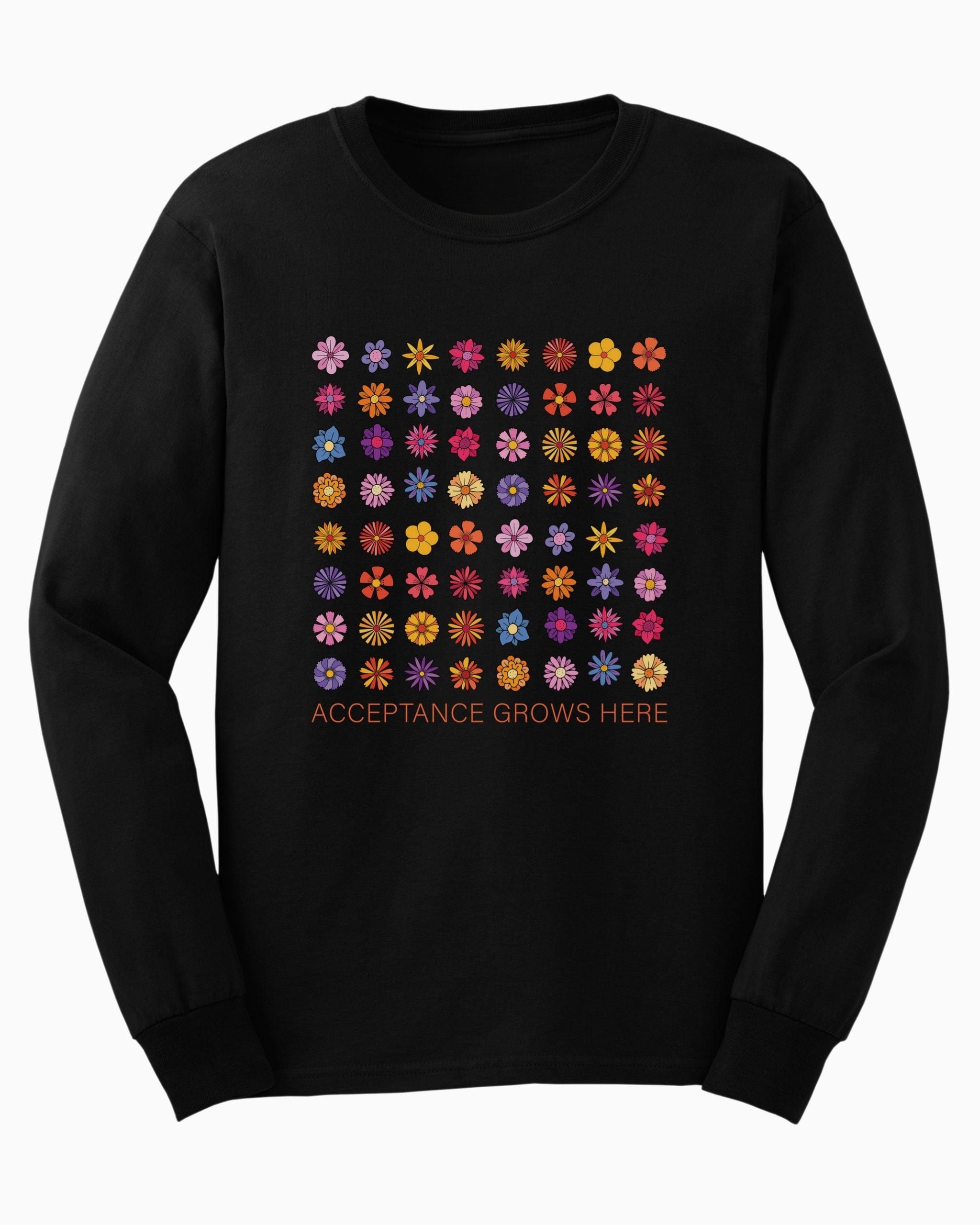 Acceptance Grows Here Flowers Long Sleeve T-Shirt-Black-Neurodiversity, ADHD & Autism Awareness & Acceptance Long-sleeve by Daily Bloom