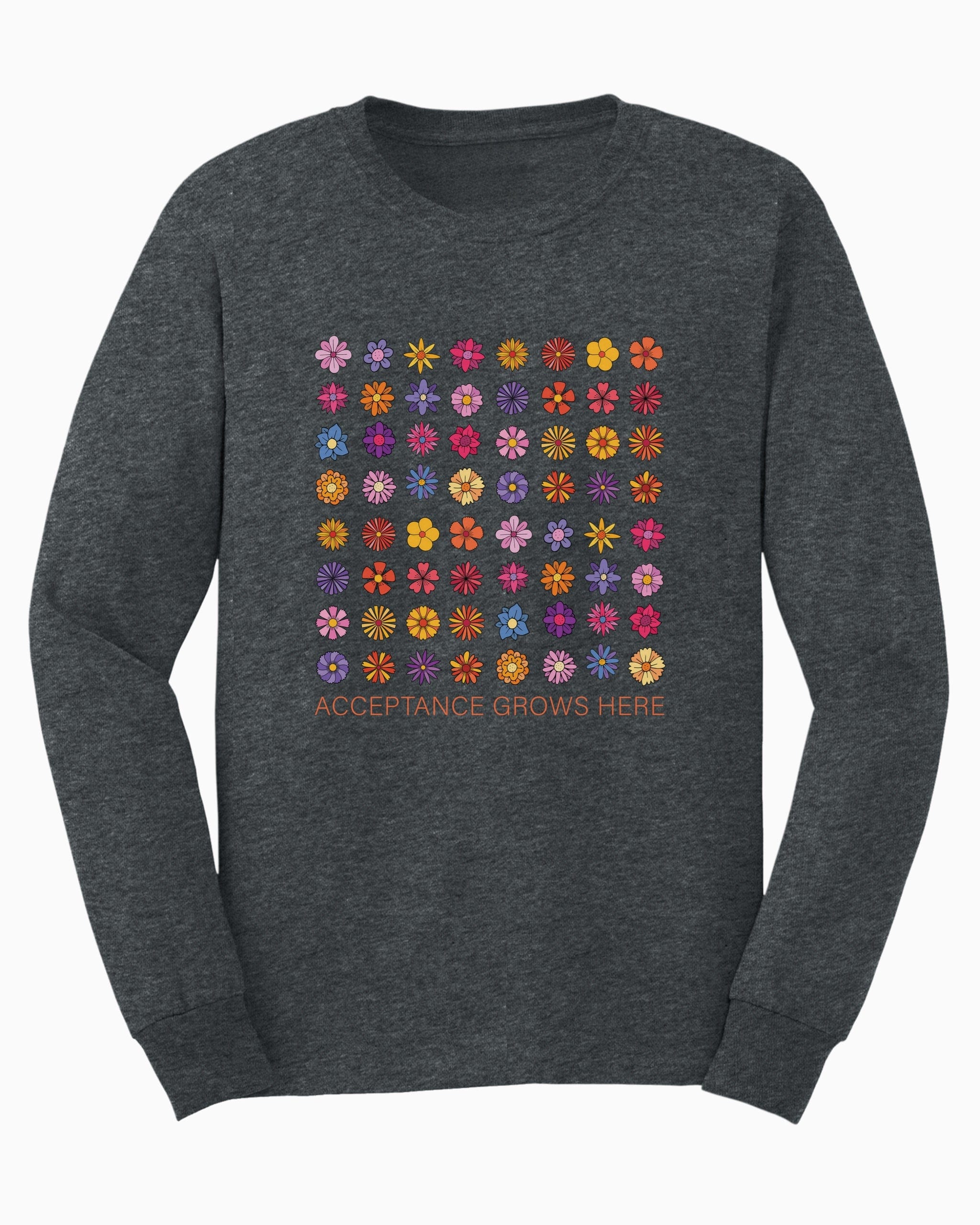 Acceptance Grows Here Flowers Long Sleeve T-Shirt-Dark Heather-Neurodiversity, ADHD & Autism Awareness & Acceptance Long-sleeve by Daily Bloom