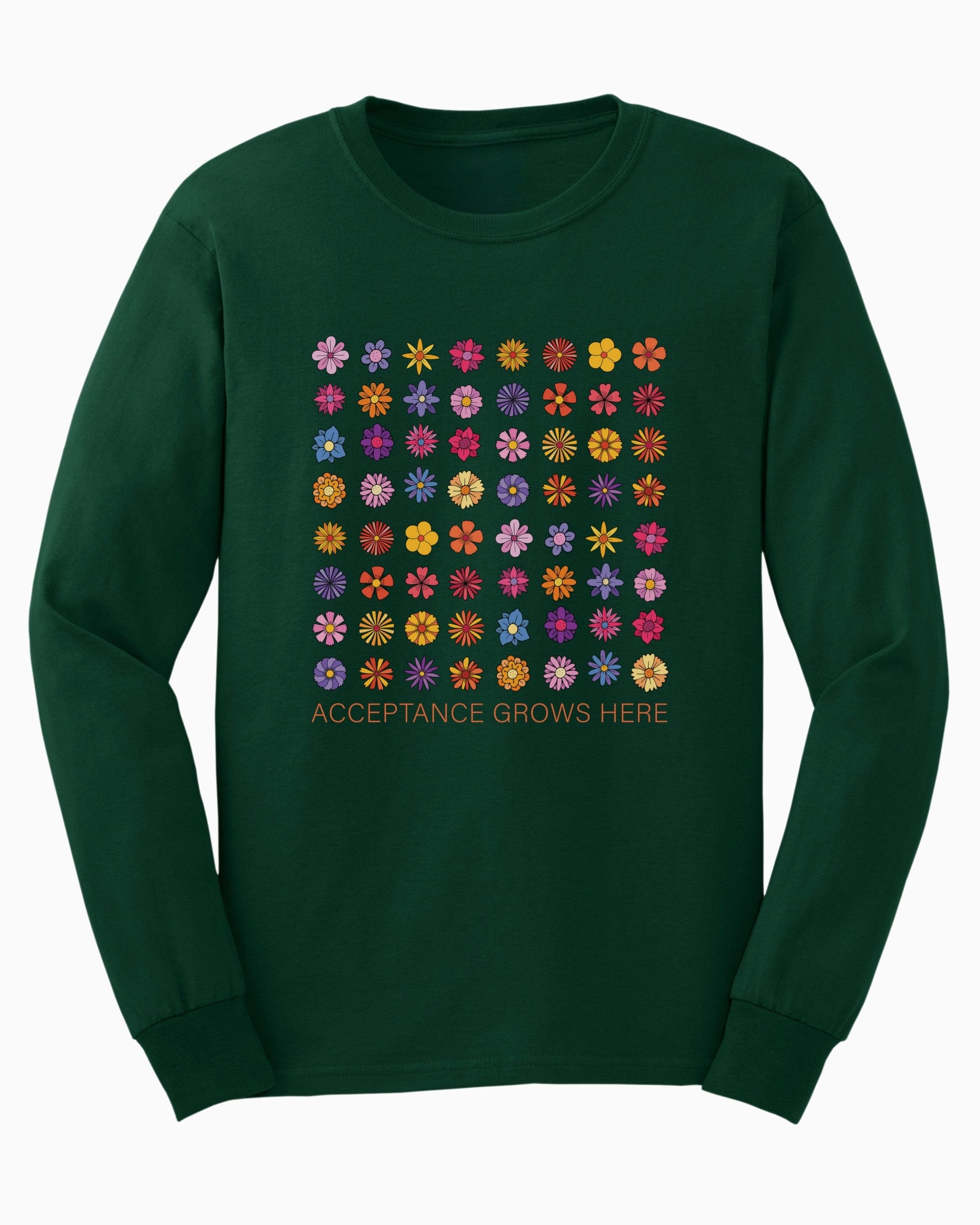 Acceptance Grows Here Flowers Long Sleeve T-Shirt-Forest Green-Neurodiversity, ADHD & Autism Awareness & Acceptance Long-sleeve by Daily Bloom