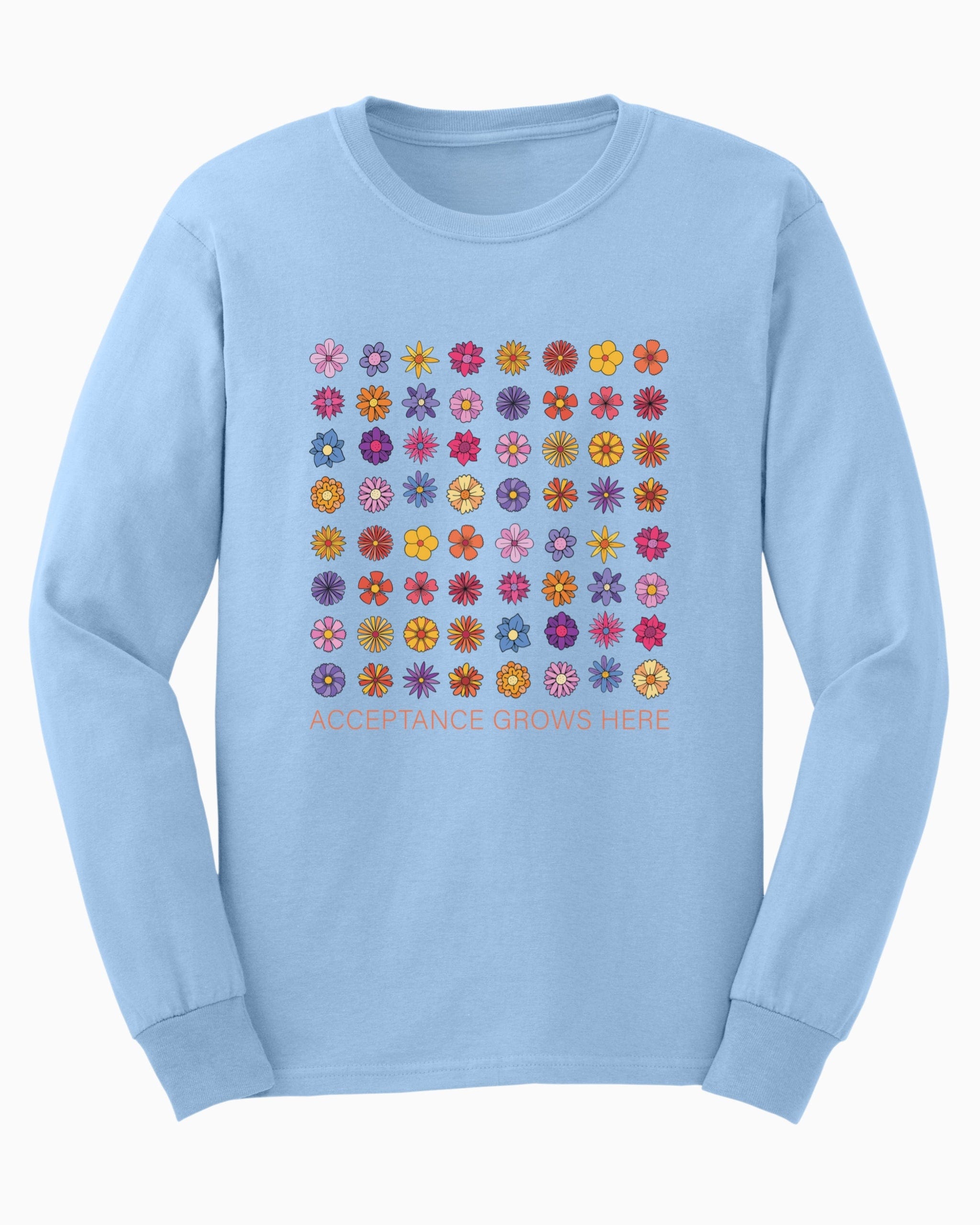 Acceptance Grows Here Flowers Long Sleeve T-Shirt-Light Blue-Neurodiversity, ADHD & Autism Awareness & Acceptance Long-sleeve by Daily Bloom