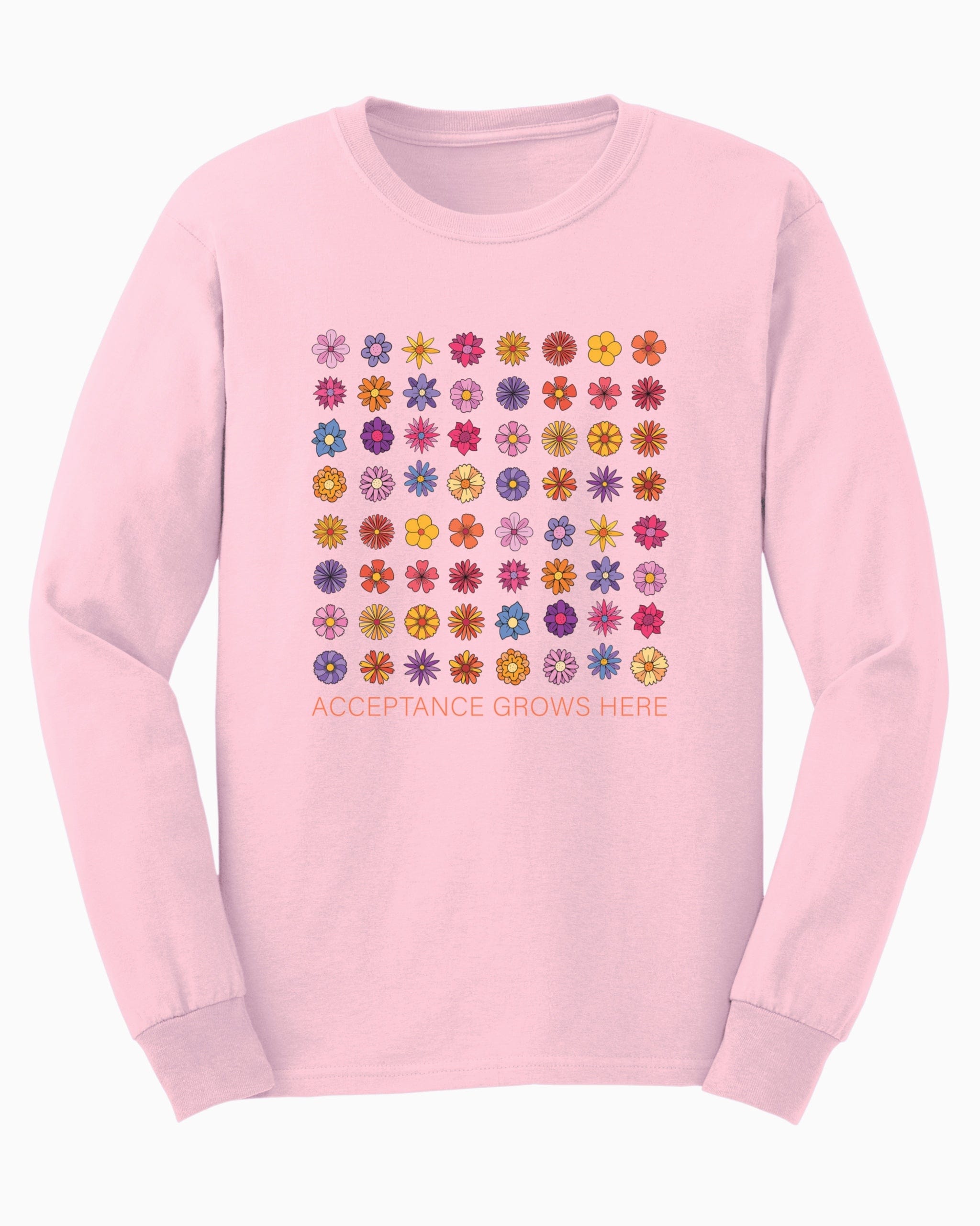 Acceptance Grows Here Flowers Long Sleeve T-Shirt-Light Pink-Neurodiversity, ADHD & Autism Awareness & Acceptance Long-sleeve by Daily Bloom