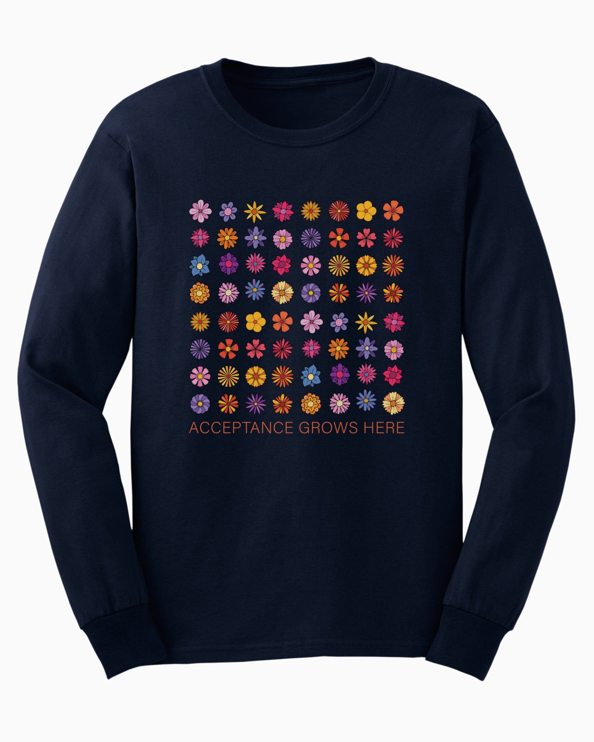 Acceptance Grows Here Flowers Long Sleeve T-Shirt-Navy-Neurodiversity, ADHD & Autism Awareness & Acceptance Long-sleeve by Daily Bloom