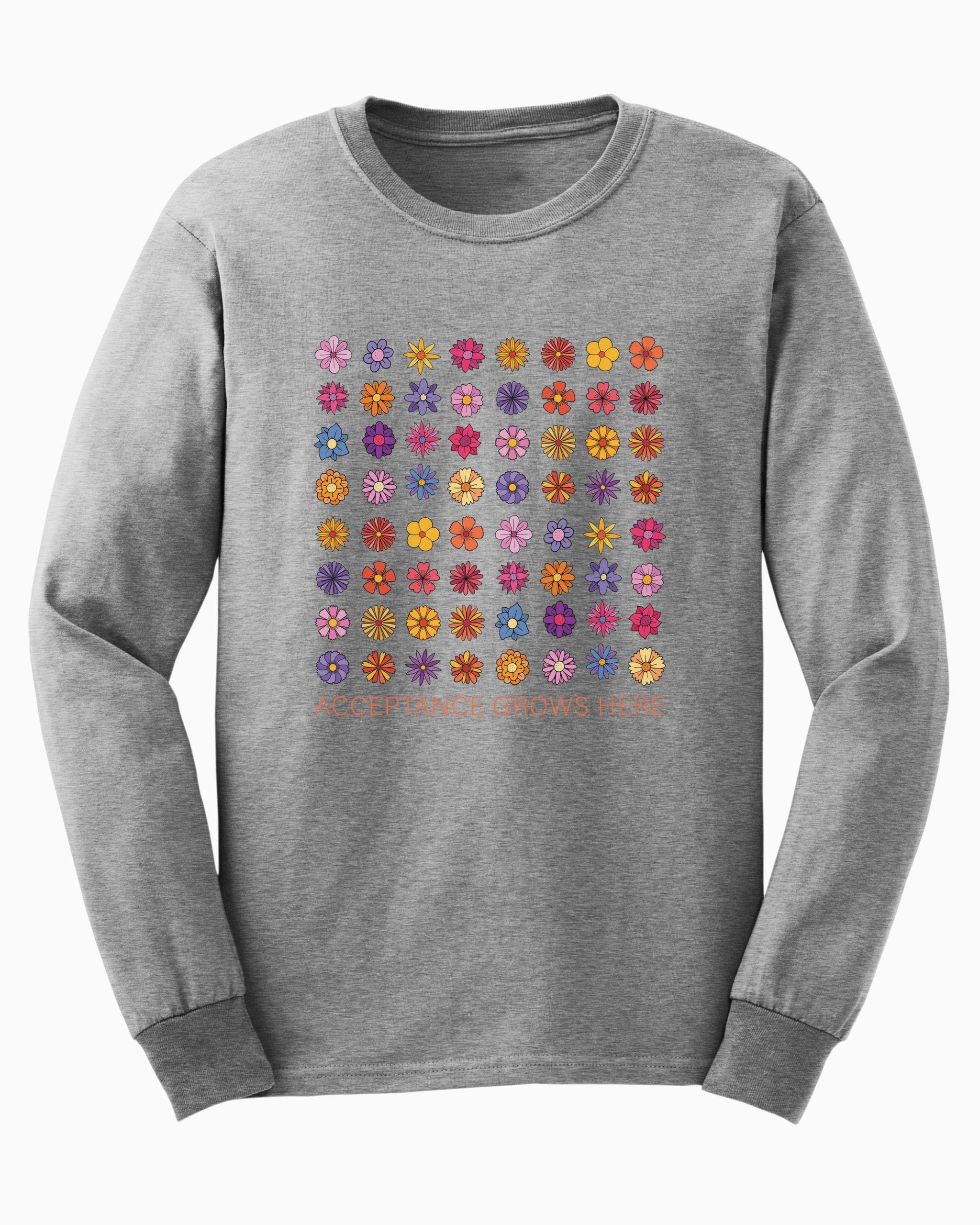 Acceptance Grows Here Flowers Long Sleeve T-Shirt-Sport Grey-Neurodiversity, ADHD & Autism Awareness & Acceptance Long-sleeve by Daily Bloom