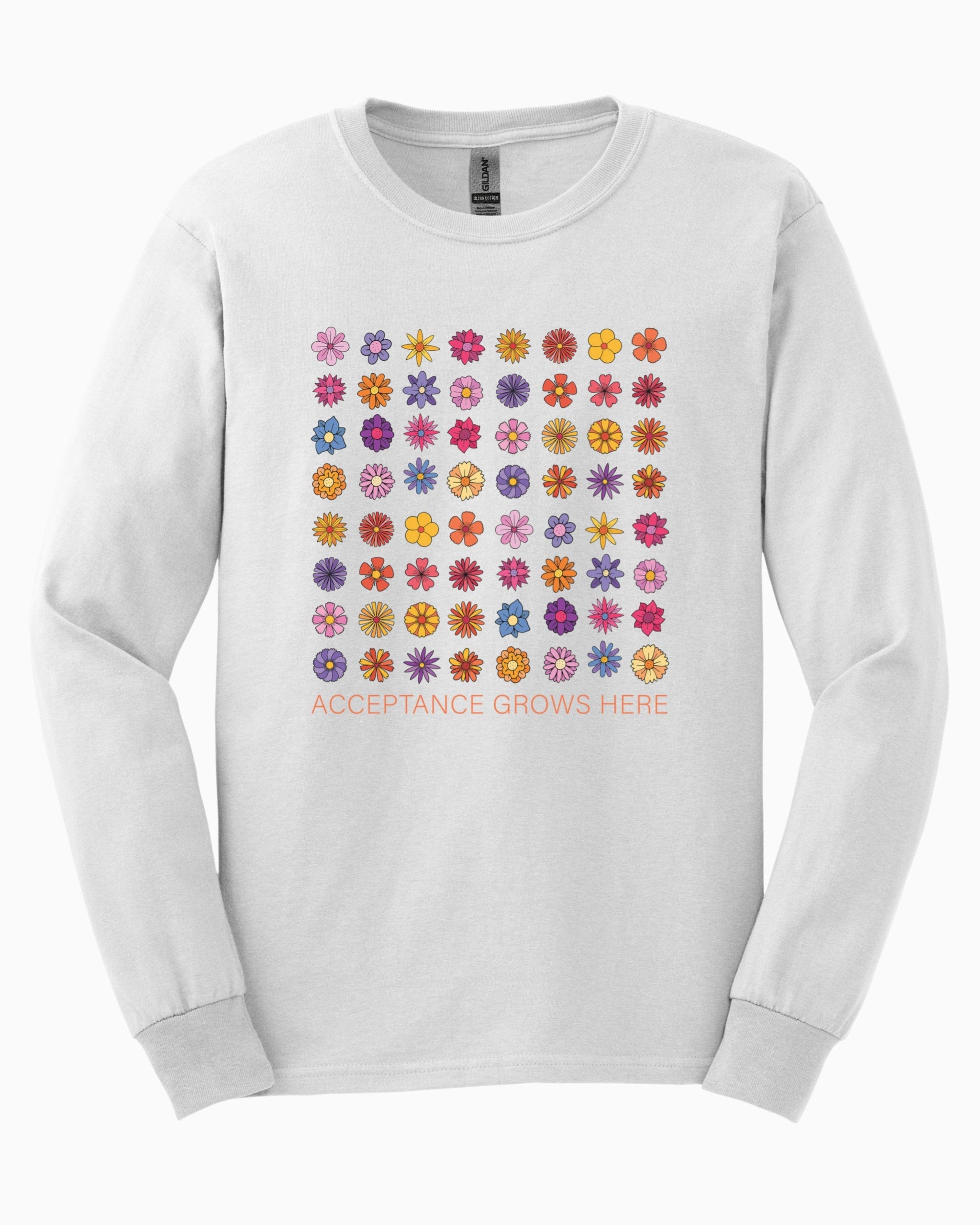 Acceptance Grows Here Flowers Long Sleeve T-Shirt-White-Neurodiversity, ADHD & Autism Awareness & Acceptance Long-sleeve by Daily Bloom