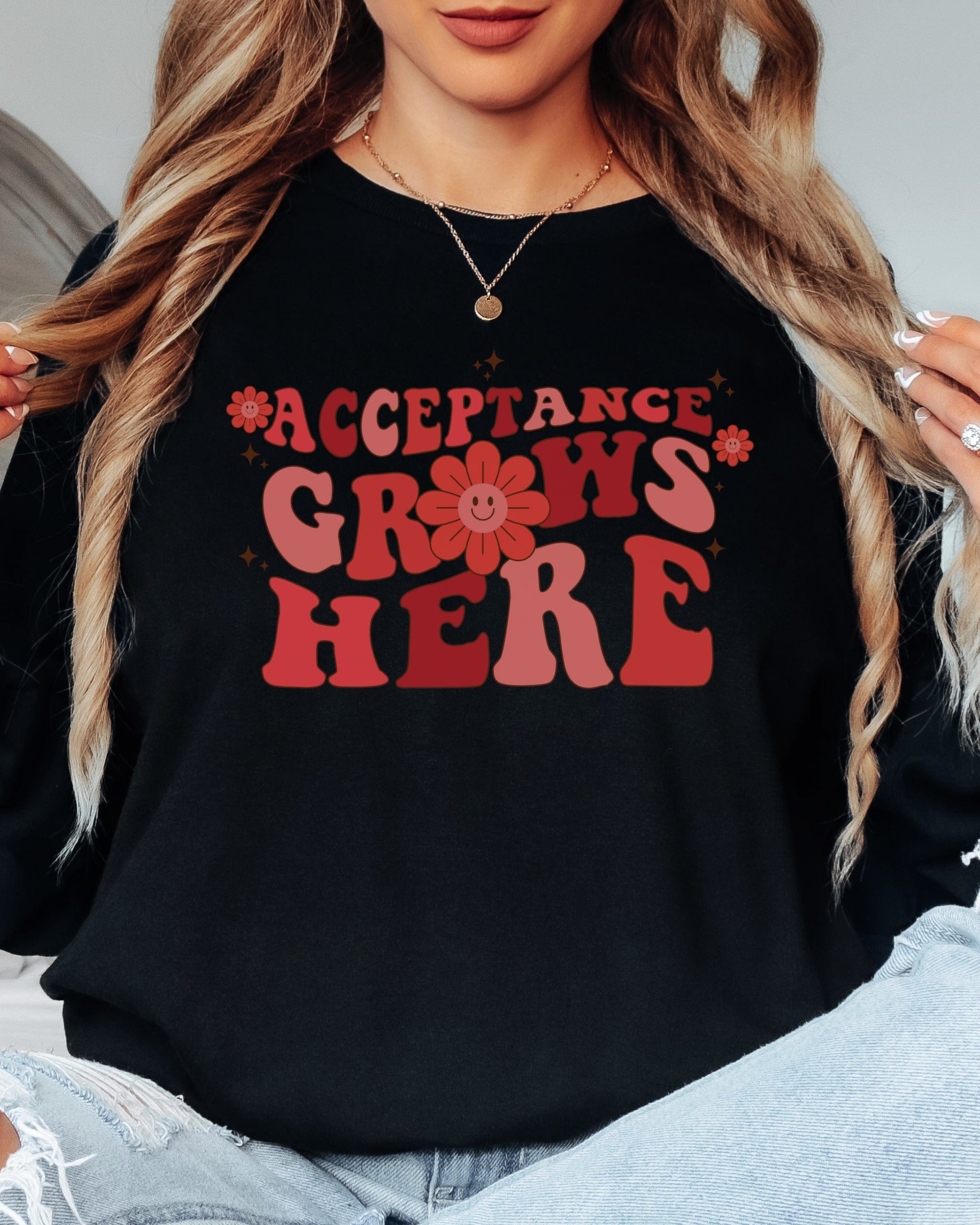 Acceptance Grows Here Groovy Long Sleeve T-Shirt-Neurodiversity, ADHD & Autism Awareness & Acceptance Long-sleeve by Daily Bloom