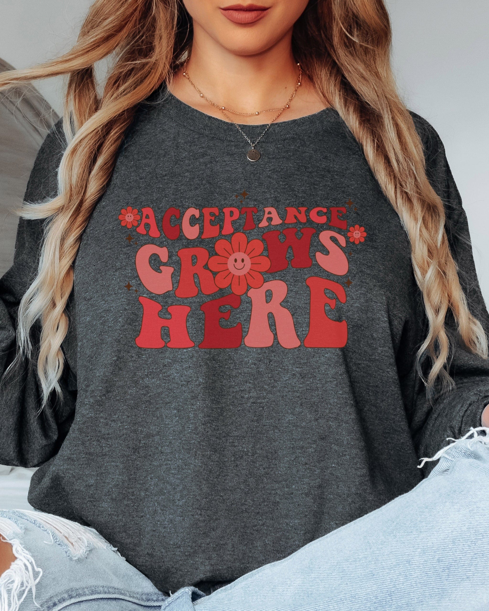 Acceptance Grows Here Groovy Long Sleeve T-Shirt-Neurodiversity, ADHD & Autism Awareness & Acceptance Long-sleeve by Daily Bloom