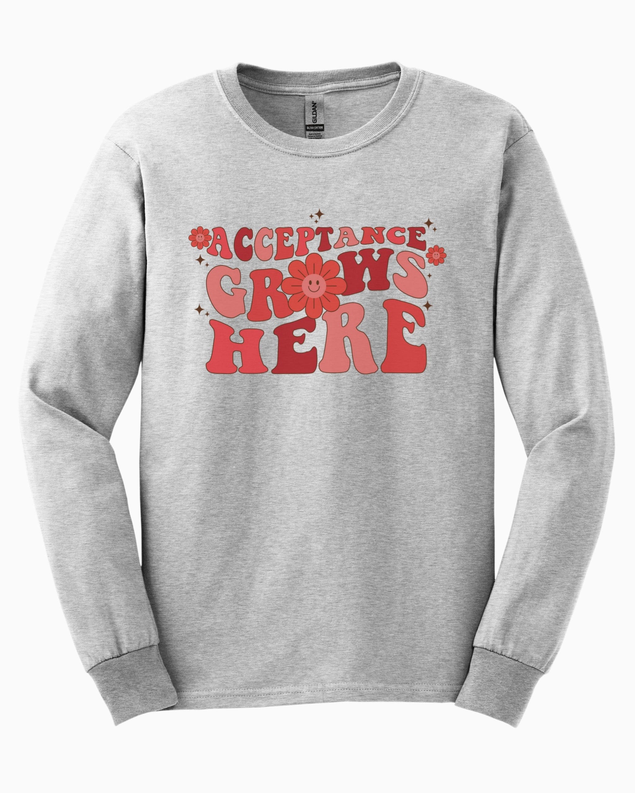 Acceptance Grows Here Groovy Long Sleeve T-Shirt-Ash-Neurodiversity, ADHD & Autism Awareness & Acceptance Long-sleeve by Daily Bloom