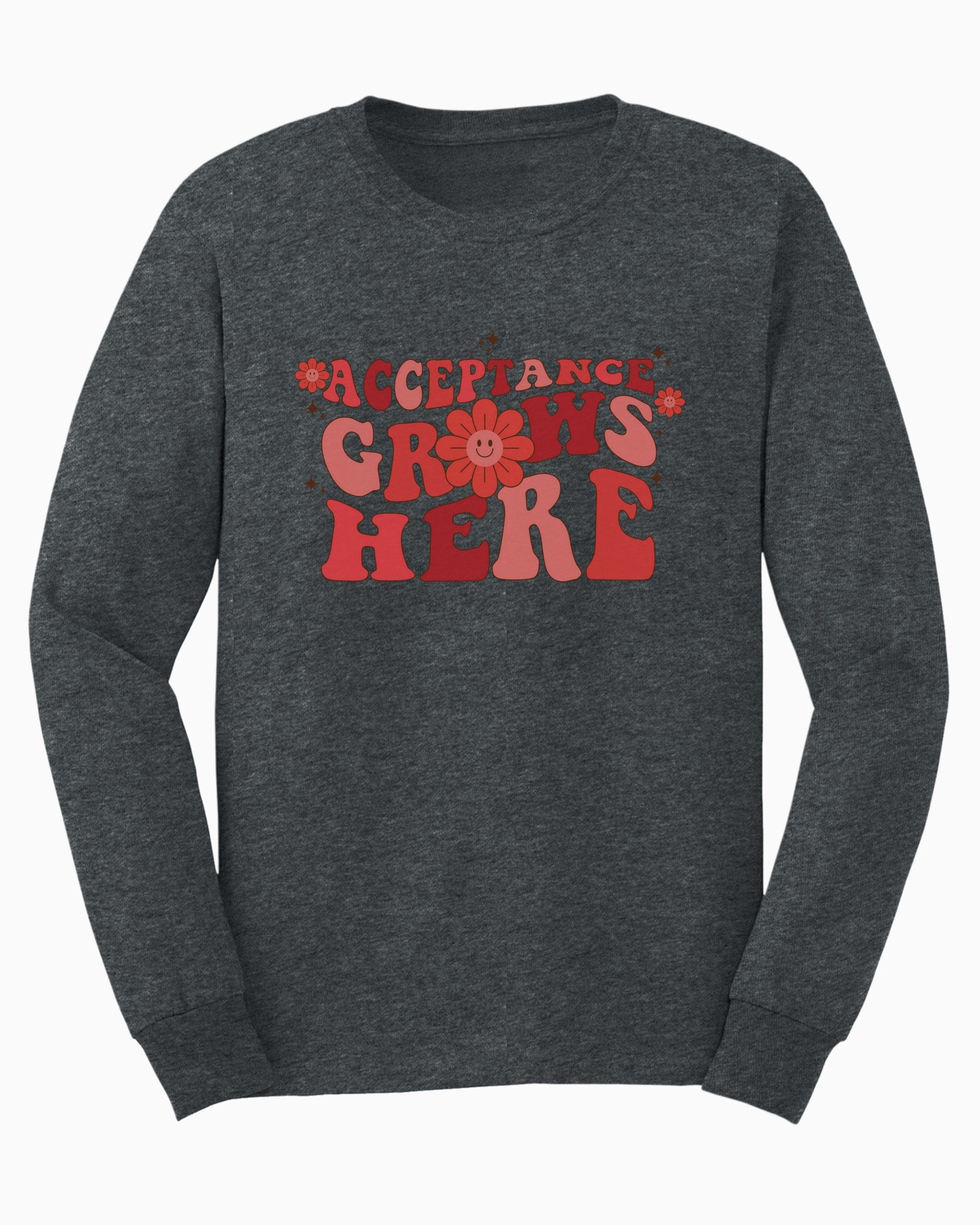 Acceptance Grows Here Groovy Long Sleeve T-Shirt-Dark Heather-Neurodiversity, ADHD & Autism Awareness & Acceptance Long-sleeve by Daily Bloom