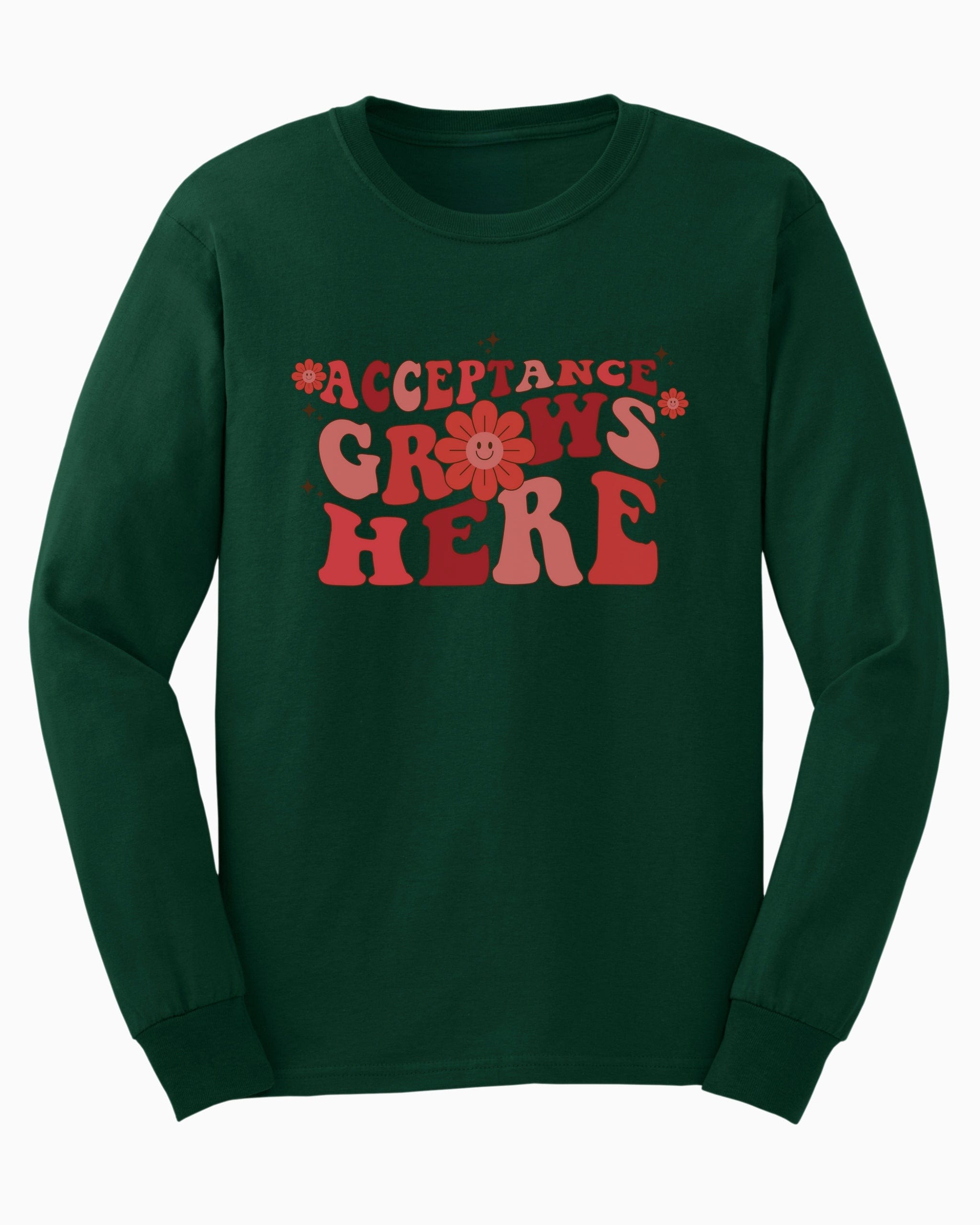 Acceptance Grows Here Groovy Long Sleeve T-Shirt-Forest Green-Neurodiversity, ADHD & Autism Awareness & Acceptance Long-sleeve by Daily Bloom