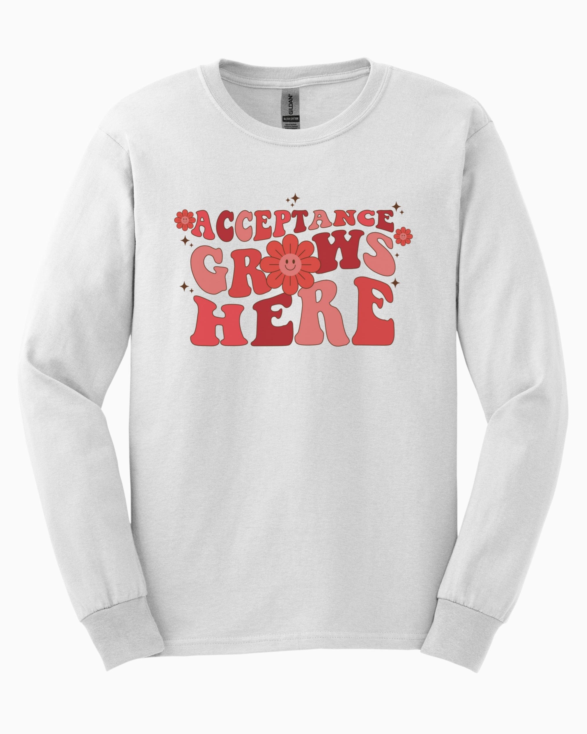Acceptance Grows Here Groovy Long Sleeve T-Shirt-White-Neurodiversity, ADHD & Autism Awareness & Acceptance Long-sleeve by Daily Bloom