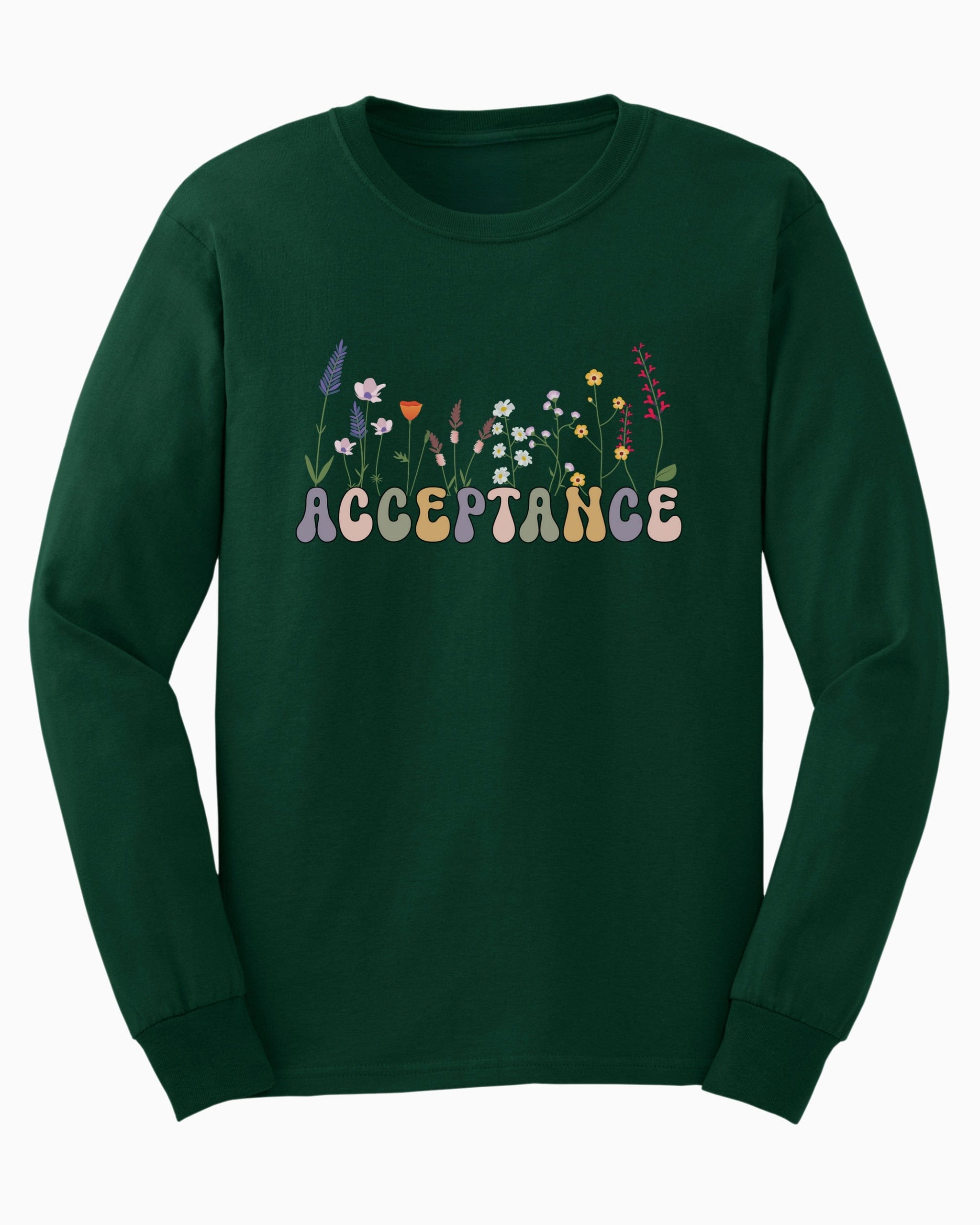 Acceptance Wildflowers Long Sleeve T-Shirt-Forest Green-Neurodiversity, ADHD & Autism Awareness & Acceptance Long-sleeve by Daily Bloom