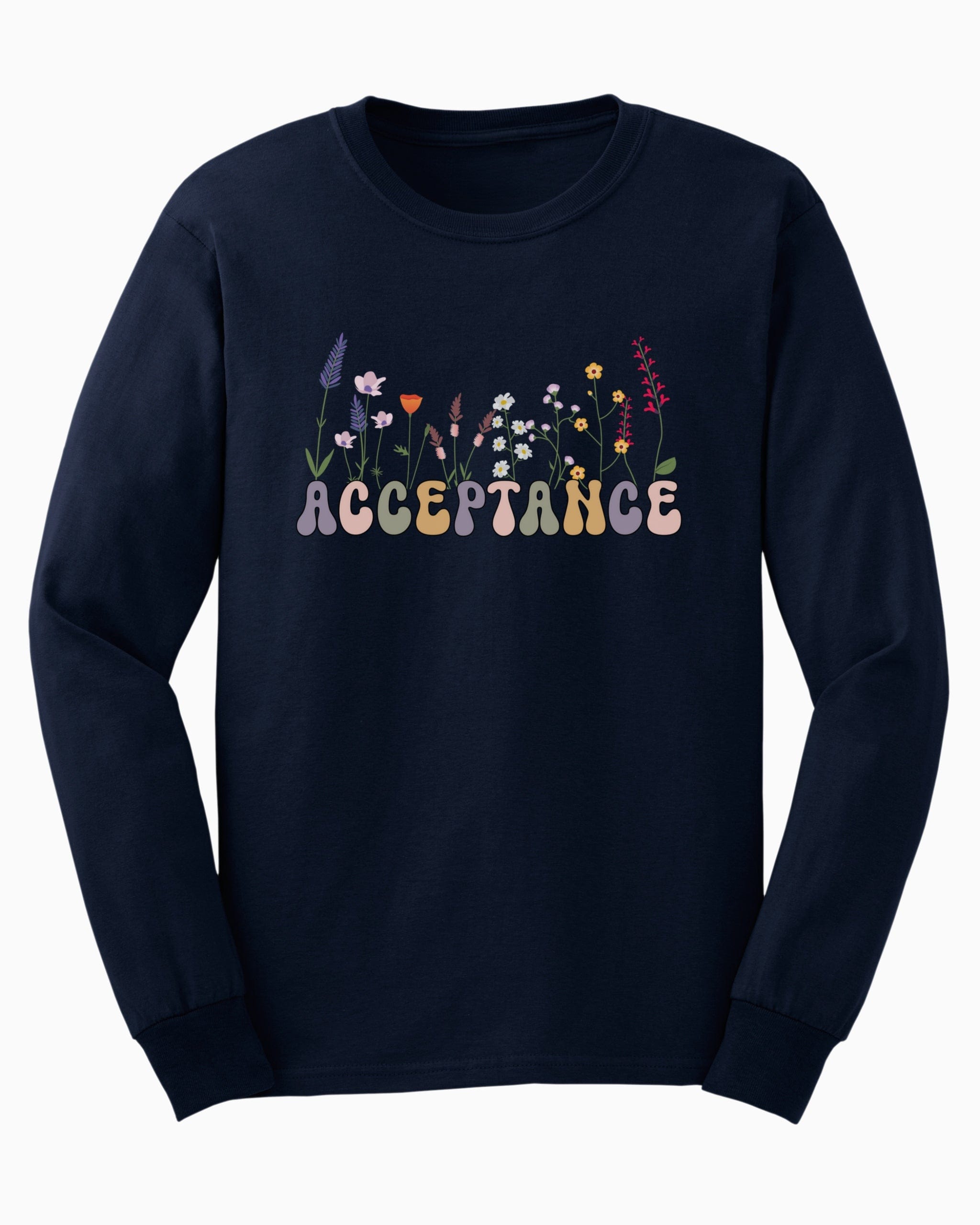 Acceptance Wildflowers Long Sleeve T-Shirt-Navy-Neurodiversity, ADHD & Autism Awareness & Acceptance Long-sleeve by Daily Bloom