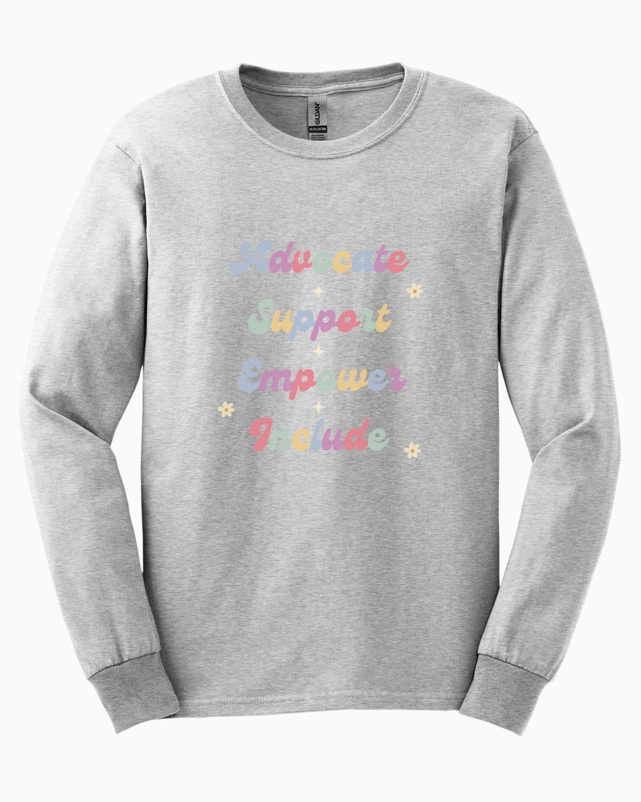 Advocate Support Empower Include Long Sleeve T-Shirt-Ash-Neurodiversity, ADHD & Autism Awareness & Acceptance Long-sleeve by Daily Bloom