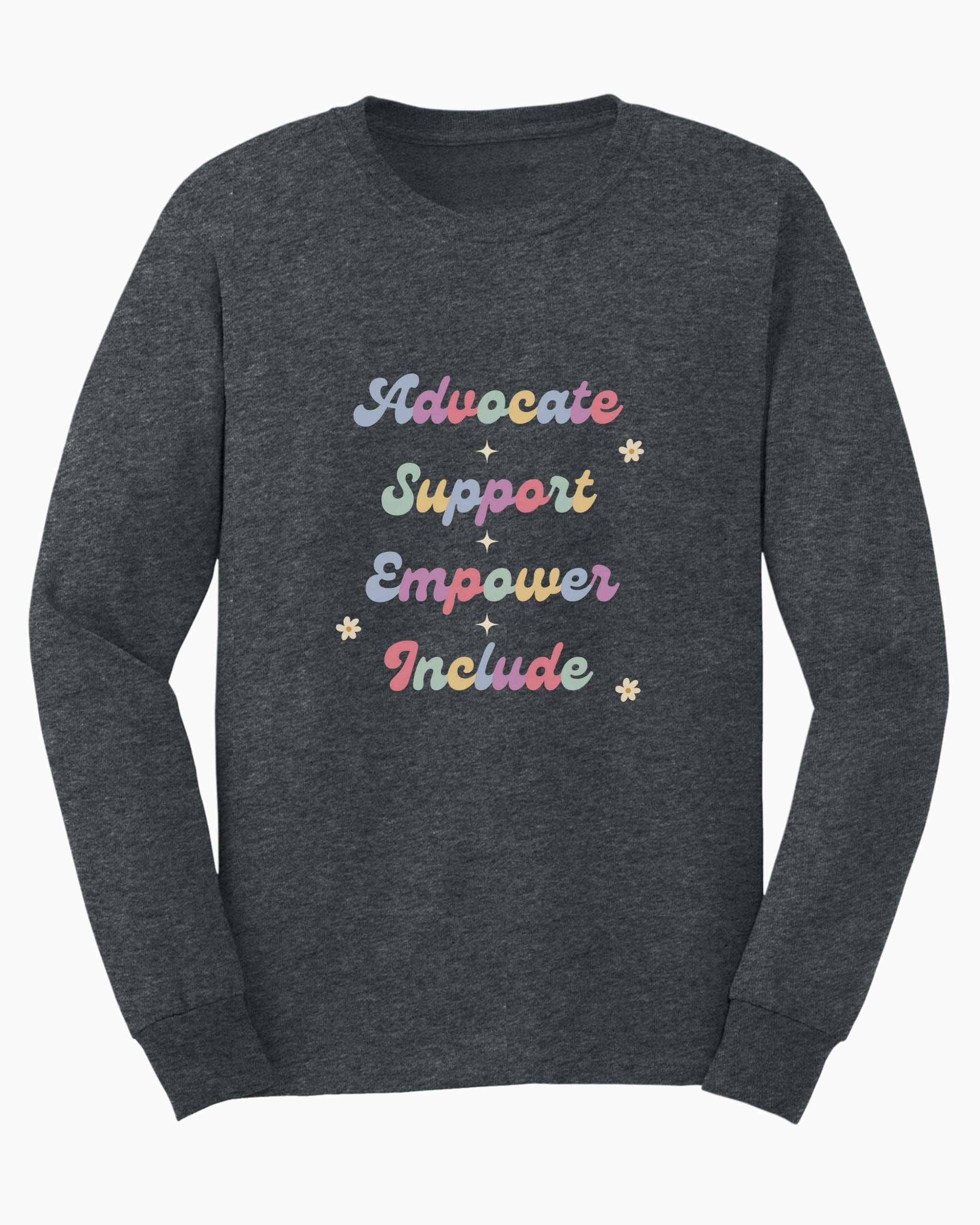 Advocate Support Empower Include Long Sleeve T-Shirt-Dark Heather-Neurodiversity, ADHD & Autism Awareness & Acceptance Long-sleeve by Daily Bloom