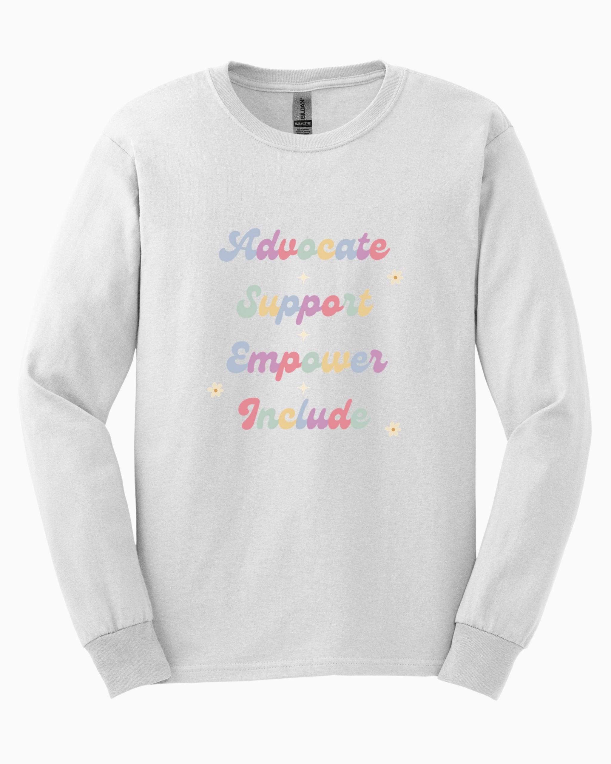 Advocate Support Empower Include Long Sleeve T-Shirt-White-Neurodiversity, ADHD & Autism Awareness & Acceptance Long-sleeve by Daily Bloom