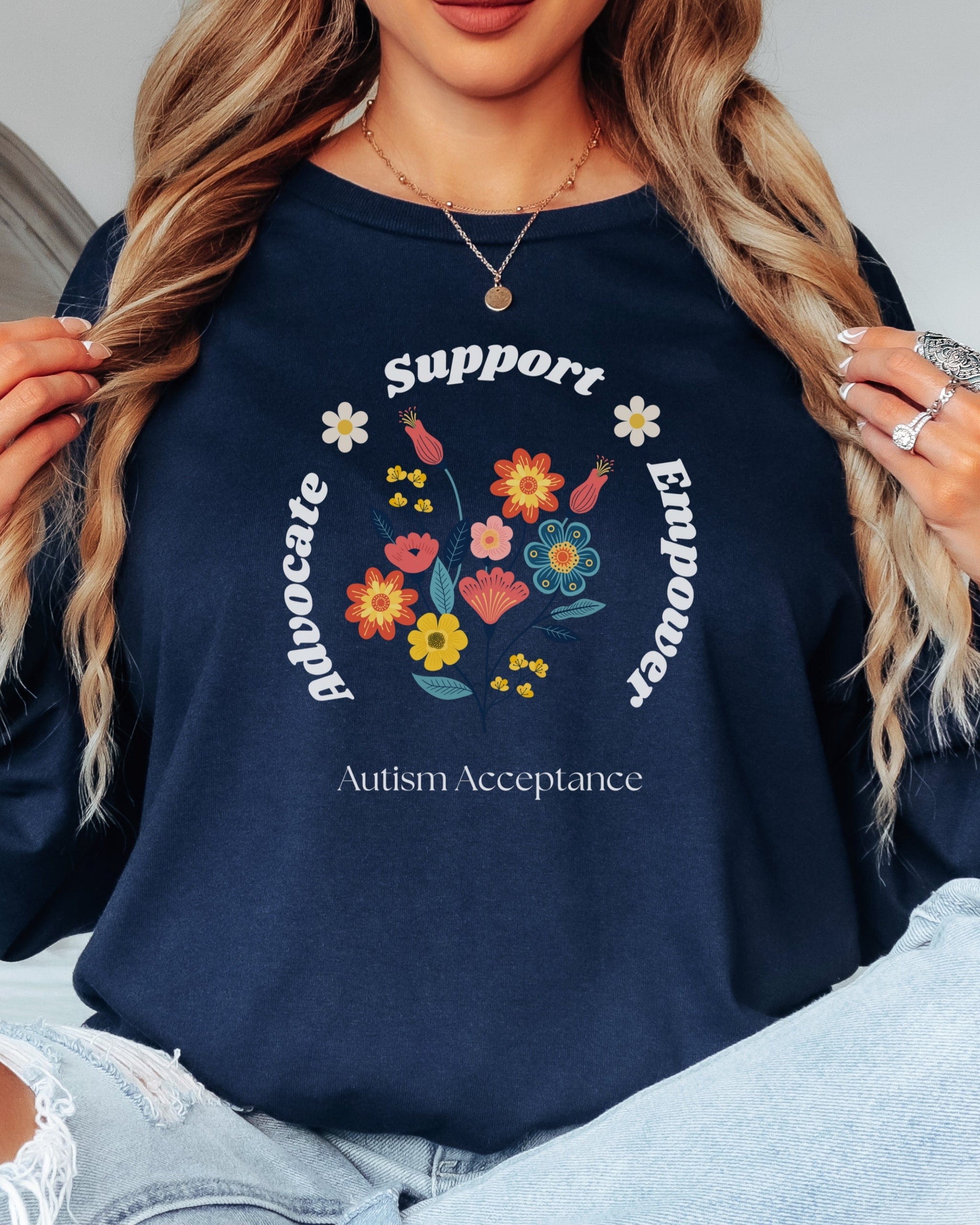 Advocate Support Empower Long Sleeve T-Shirt-Neurodiversity, ADHD & Autism Awareness & Acceptance Long-sleeve by Daily Bloom