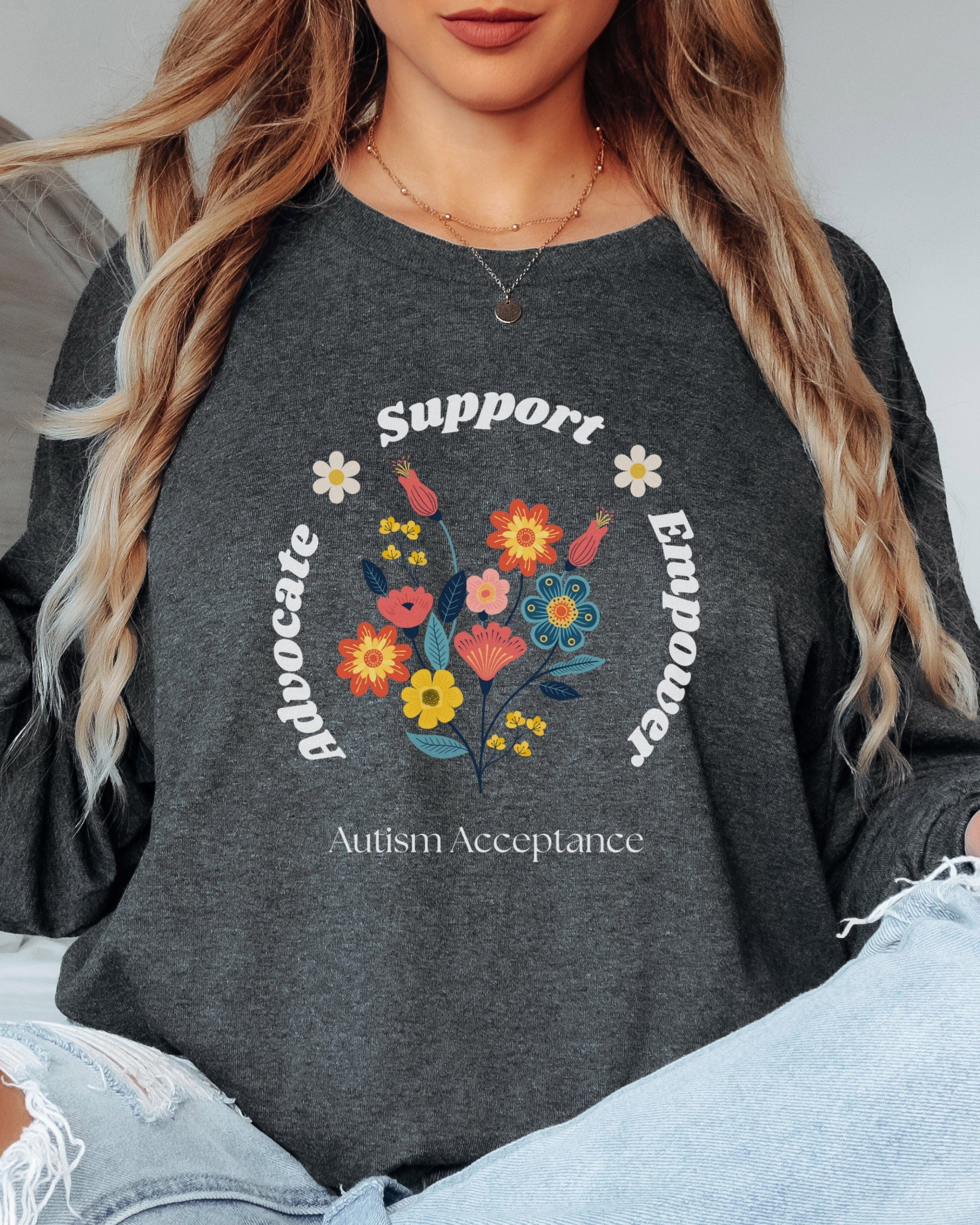 Advocate Support Empower Long Sleeve T-Shirt-Neurodiversity, ADHD & Autism Awareness & Acceptance Long-sleeve by Daily Bloom