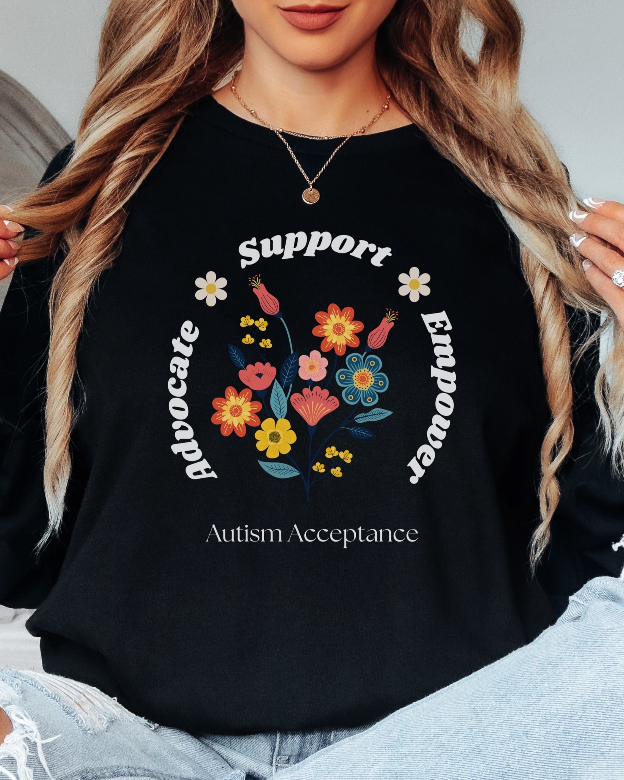Advocate Support Empower Long Sleeve T-Shirt-Neurodiversity, ADHD & Autism Awareness & Acceptance Long-sleeve by Daily Bloom