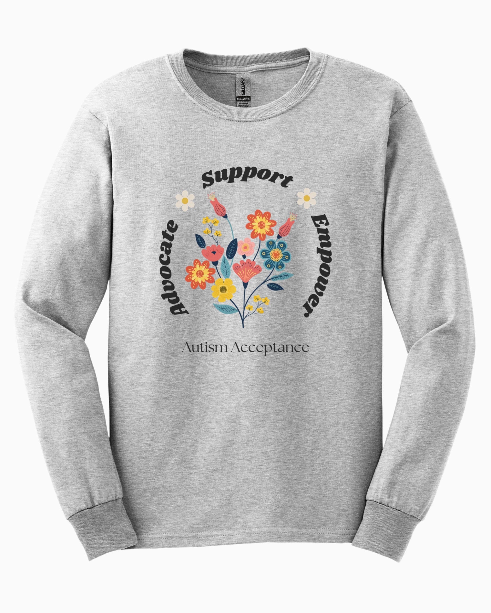 Advocate Support Empower Long Sleeve T-Shirt-Ash-Neurodiversity, ADHD & Autism Awareness & Acceptance Long-sleeve by Daily Bloom