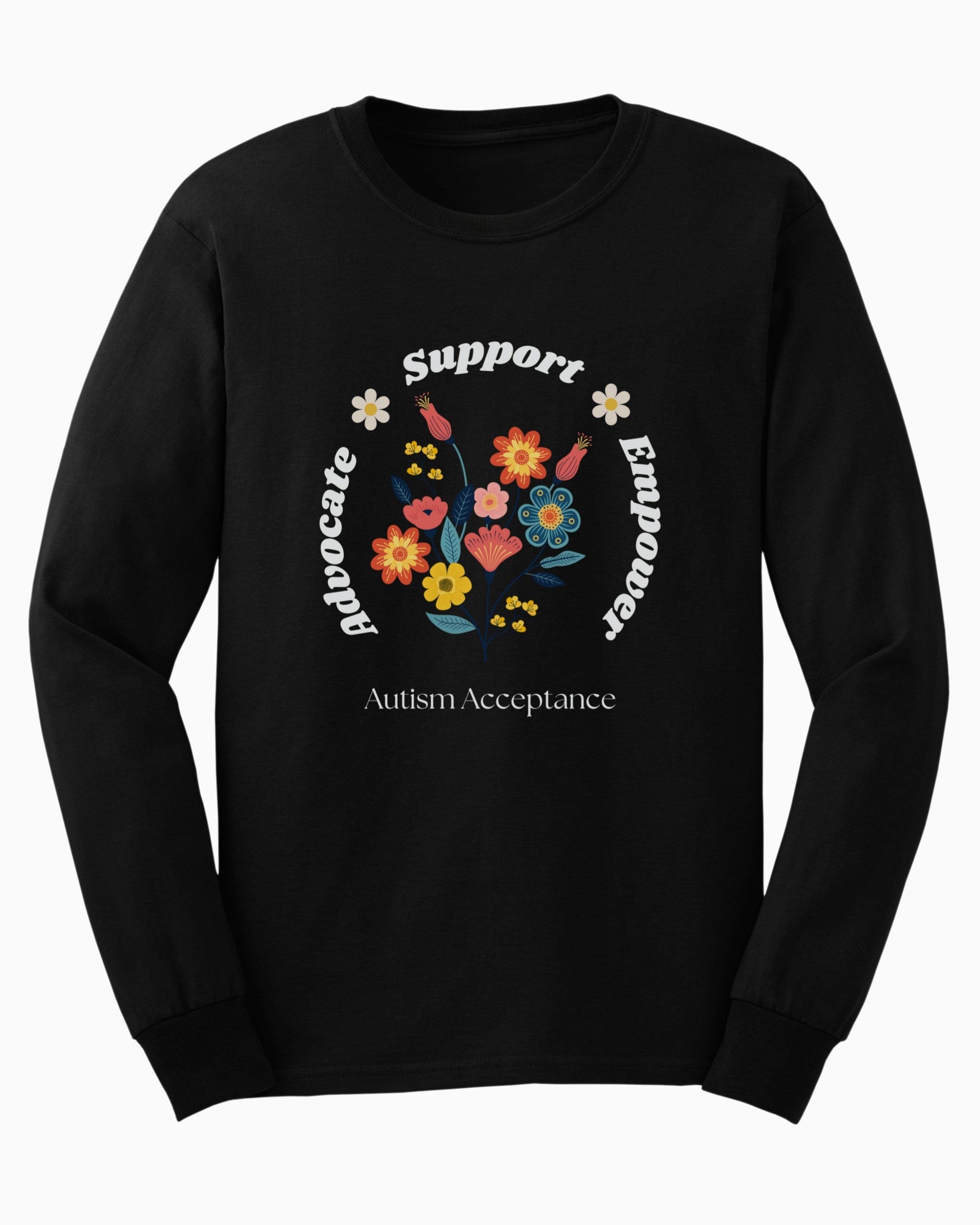 Advocate Support Empower Long Sleeve T-Shirt-Black-Neurodiversity, ADHD & Autism Awareness & Acceptance Long-sleeve by Daily Bloom